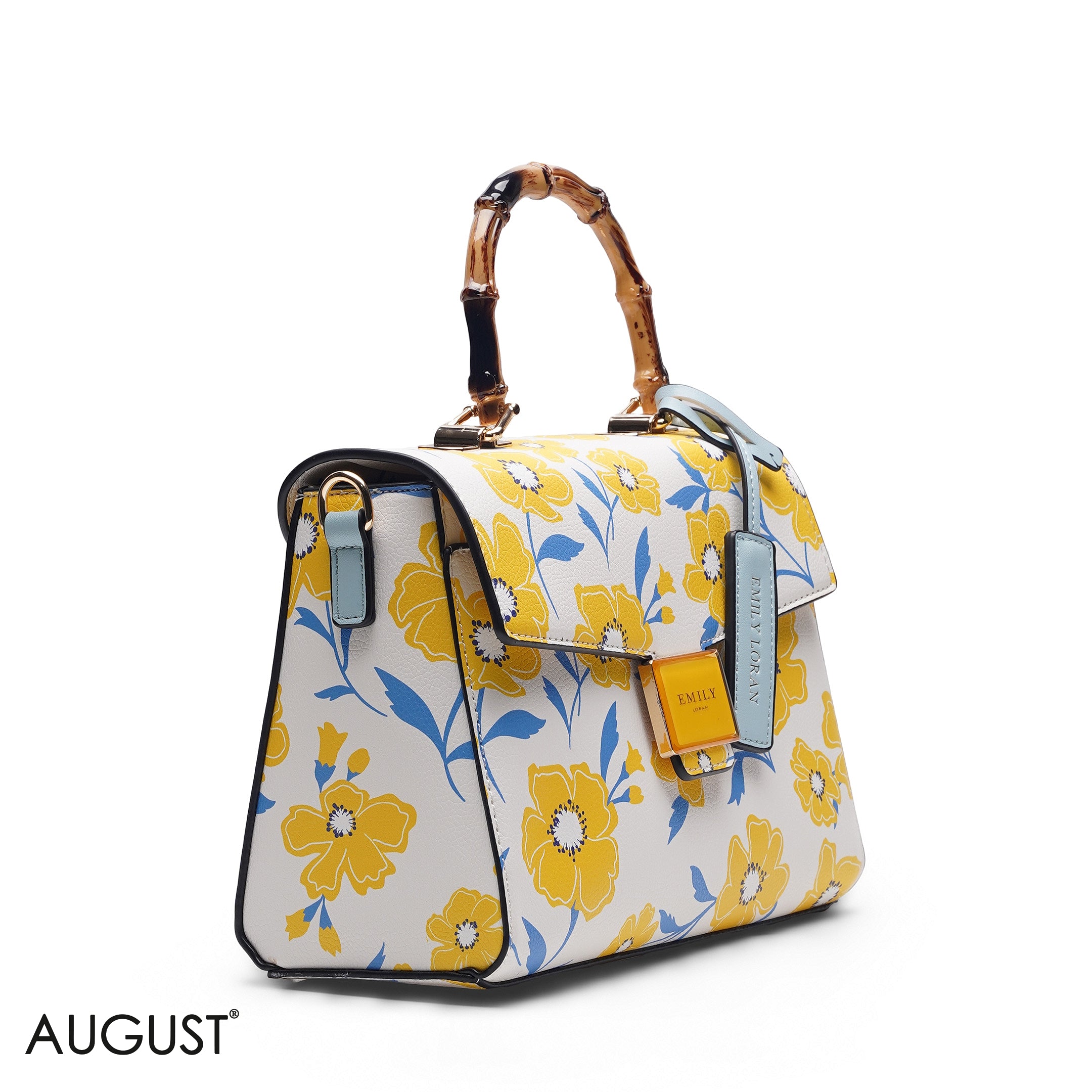 WHITE FLORAL WITH BOMBOO HANDLE SOFT LEATHER - MED