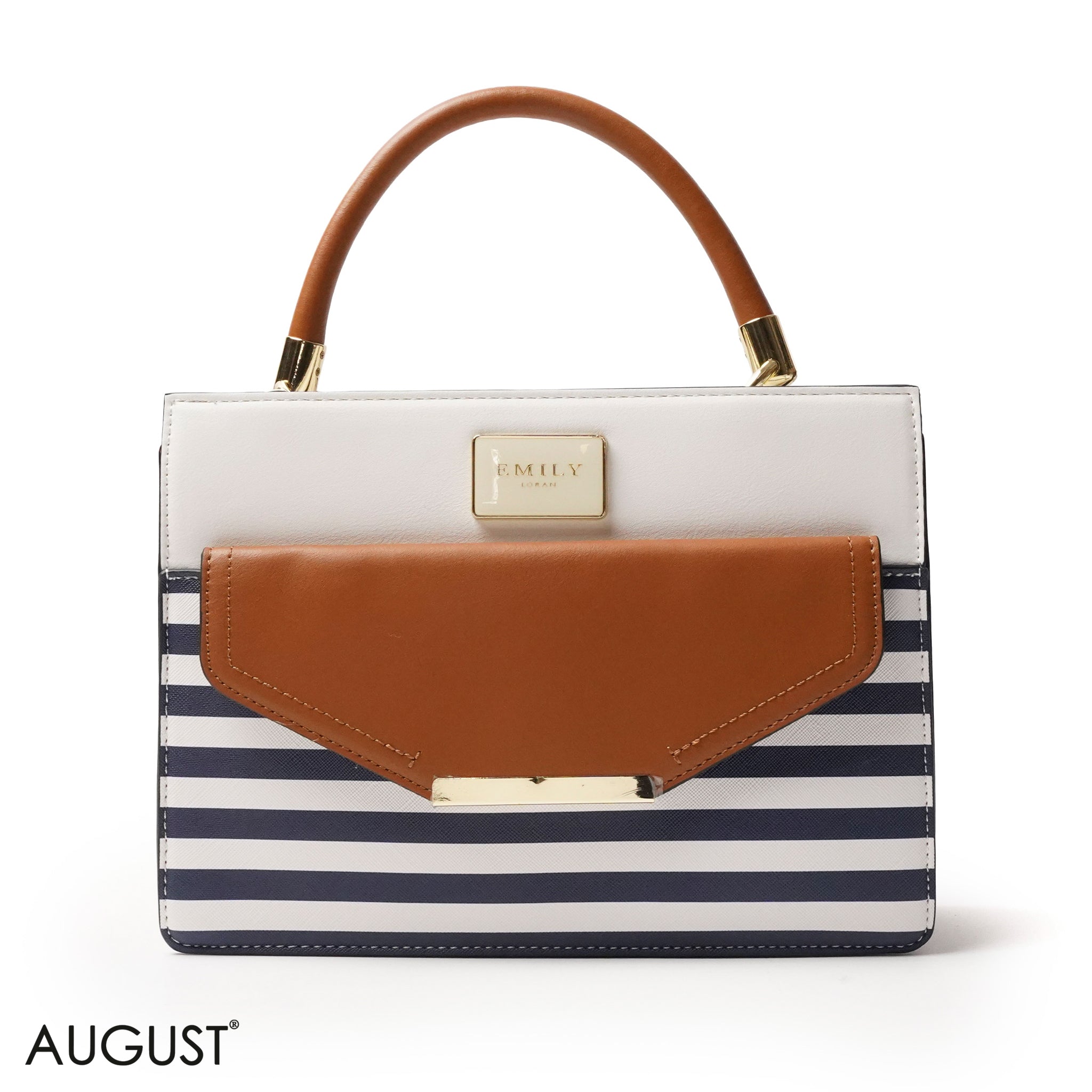 STRIPED NAVY LEATHER HANDBAG WITH FLAP - MED