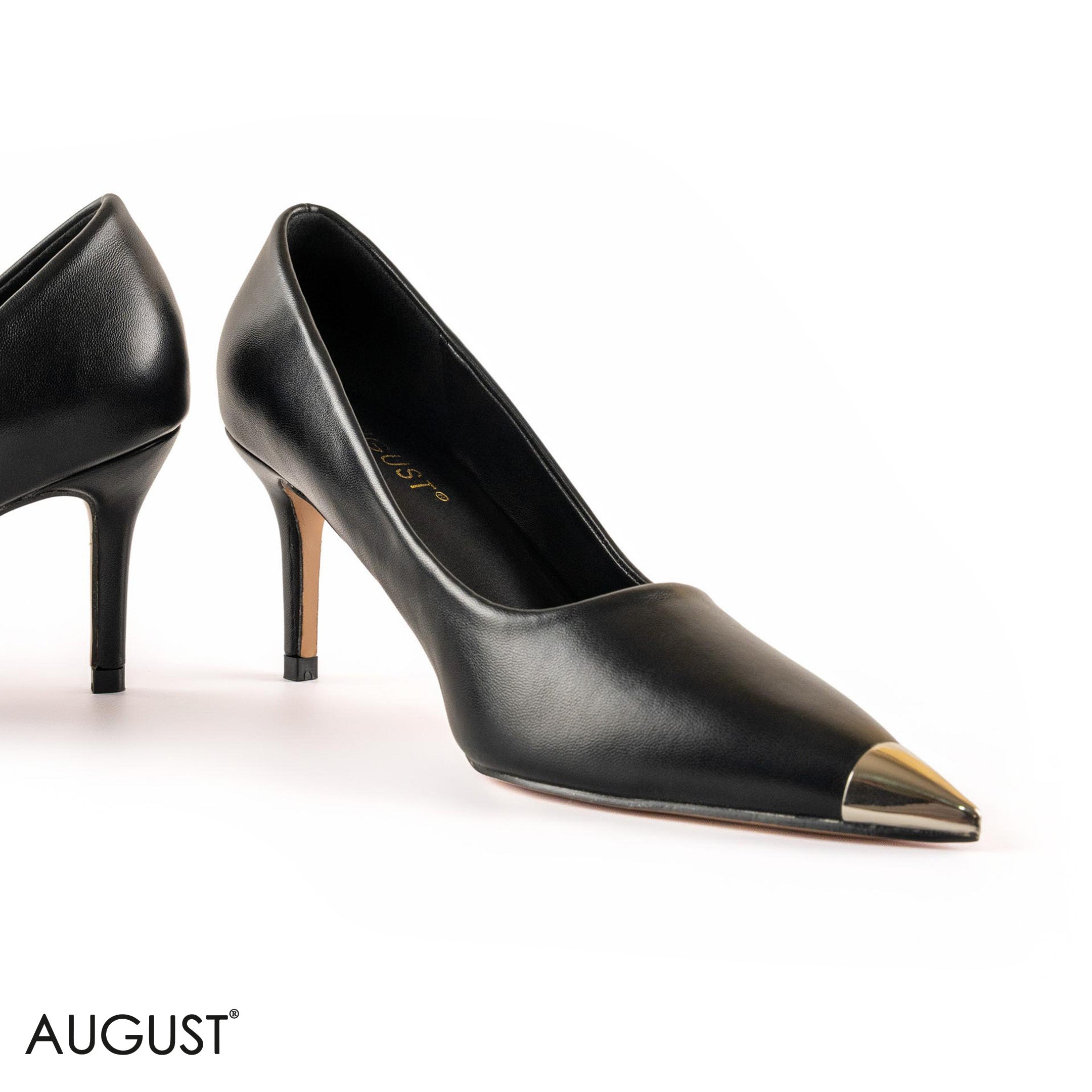 BLACK LEATHER MED- HEEL SHOES METALLIC POINTED TOE