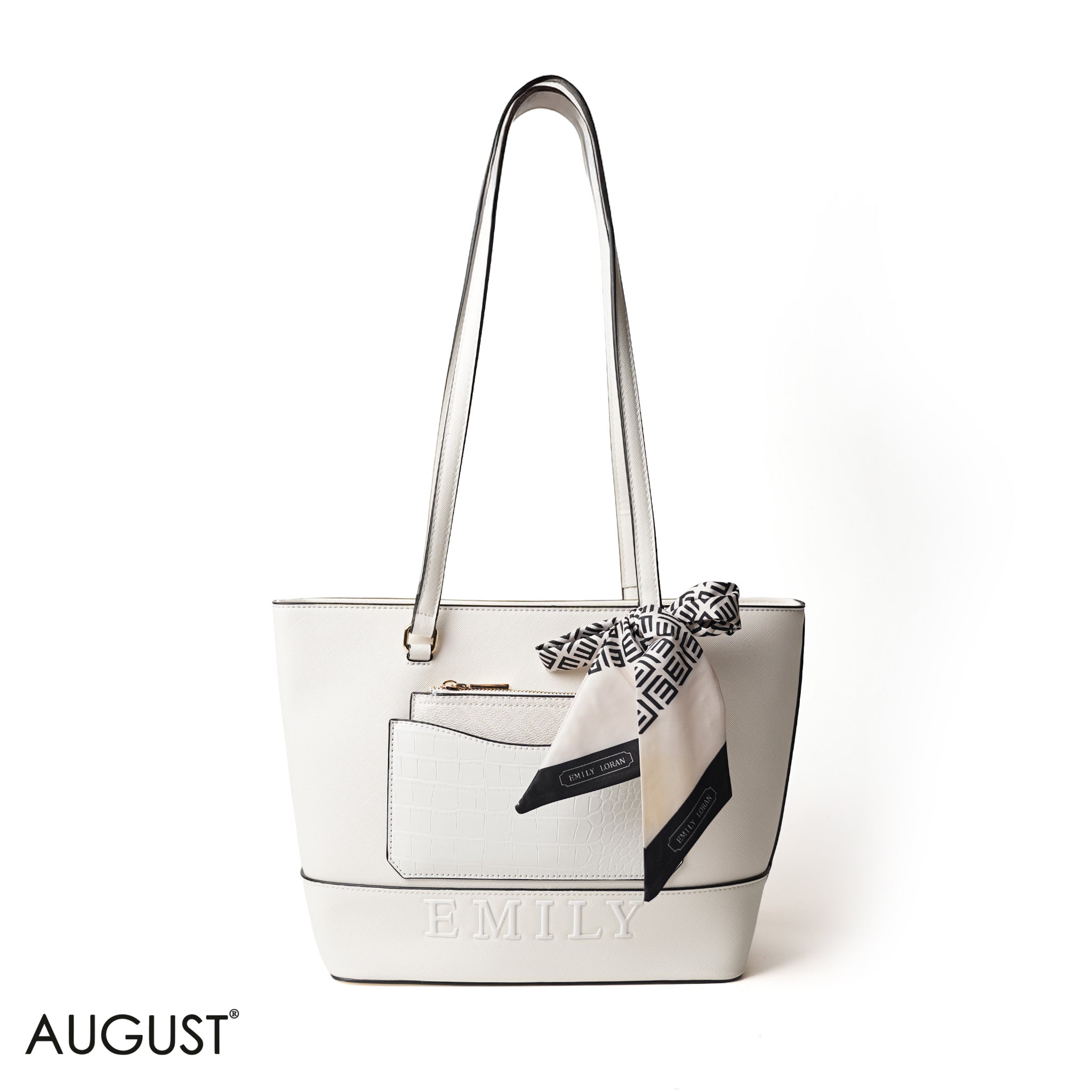 WHITE LEATHER SHOULDERS BAG WITH LOGO EMILY ACCENT, SCARF - LARGE