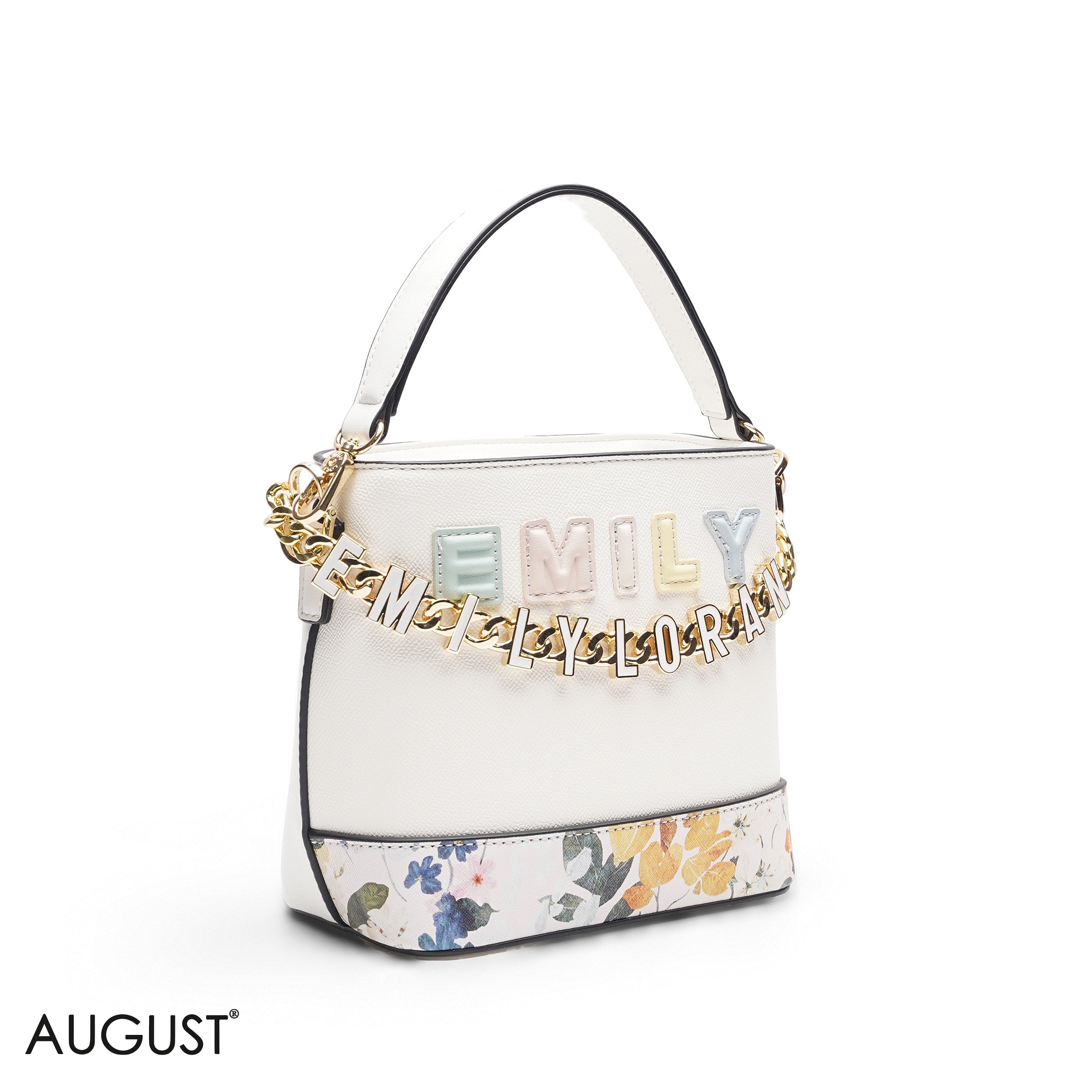 WHITE FLORAL TOTE WITH GOLD CHAIN & STRAP