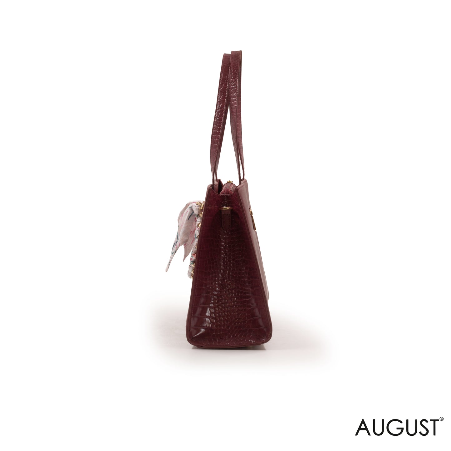 MAROON LEATHER HANDBAG WITH GOLD CHAIN AND SCARF -LARGE