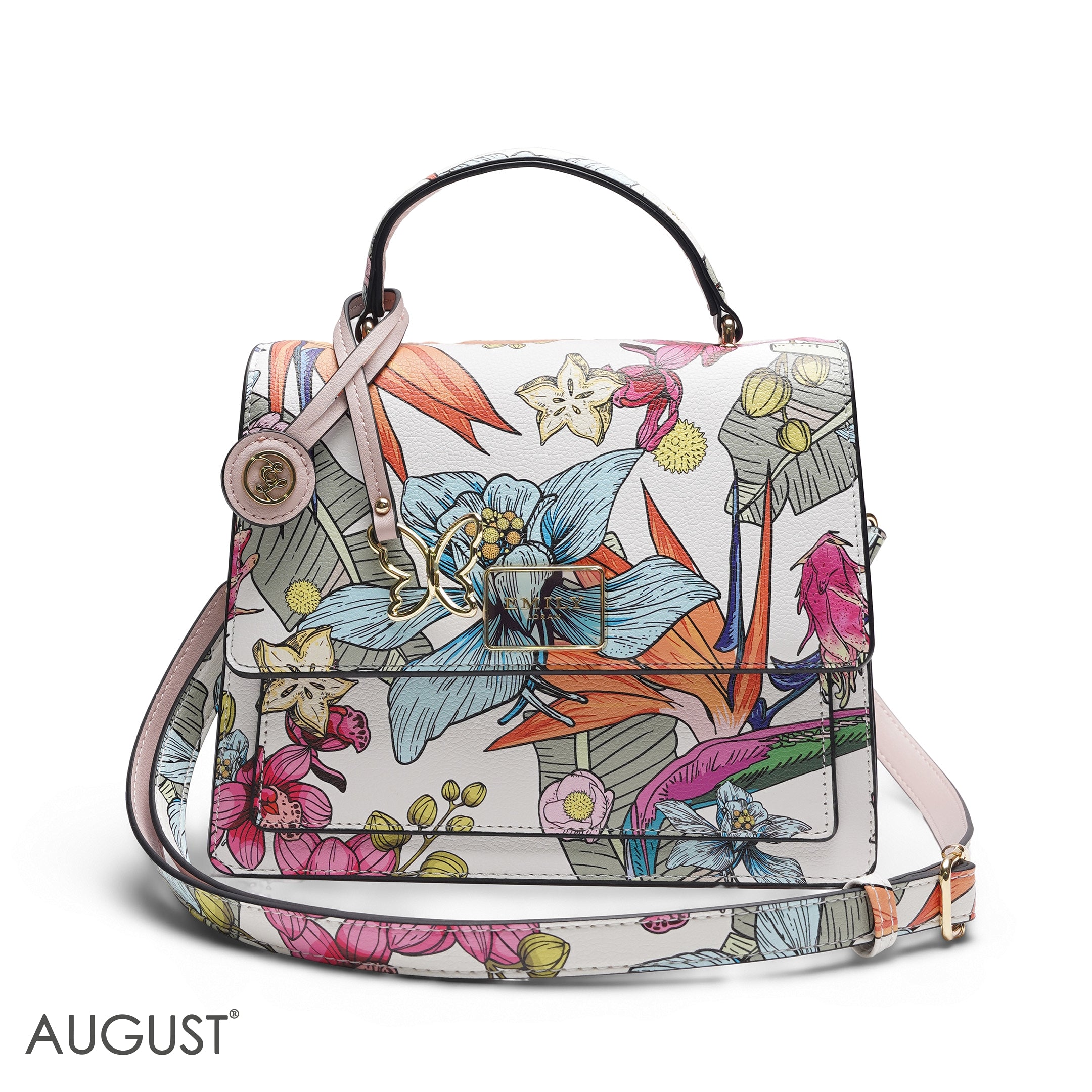 EMILY FULL TROPICAL PRINT SATCHEL BAG WITH BUTTERFLY CHARM - MED