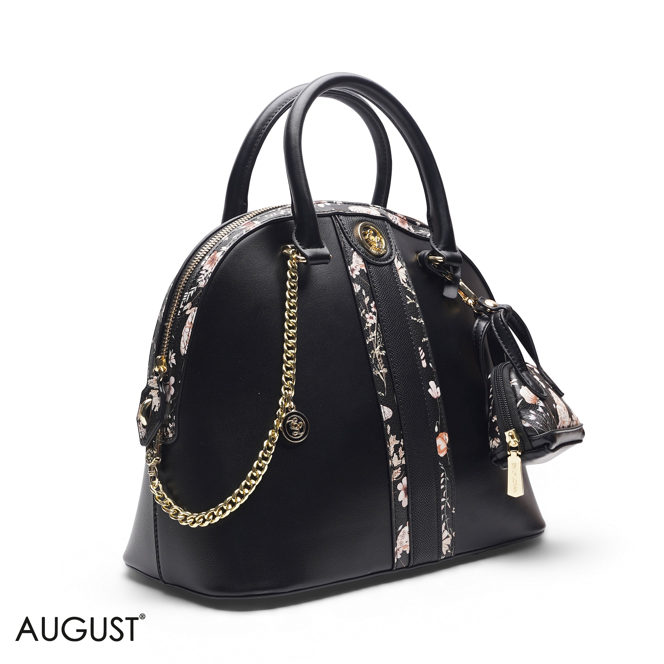 BLACK DOME BAG WITH PINK FLORAL PRINT - LARGE