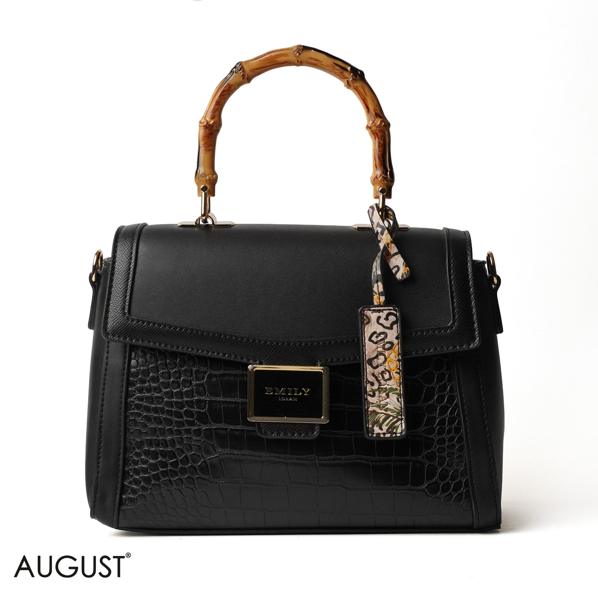 BLACK HAND BAG WITH CROCODILE PRINT - MEDIUM
