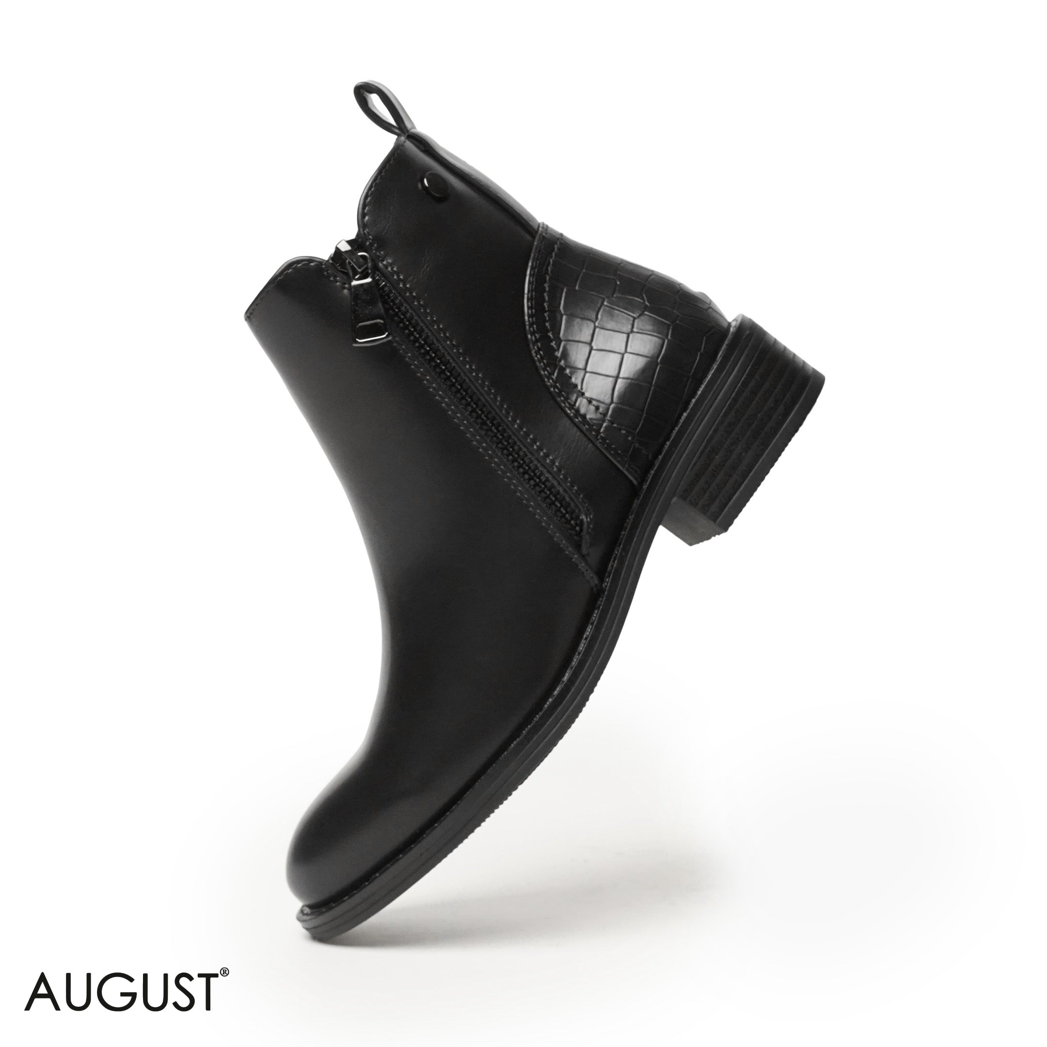 BLACK LEATHER ANKLE BOOTS WITH CROCODILE TOUCH