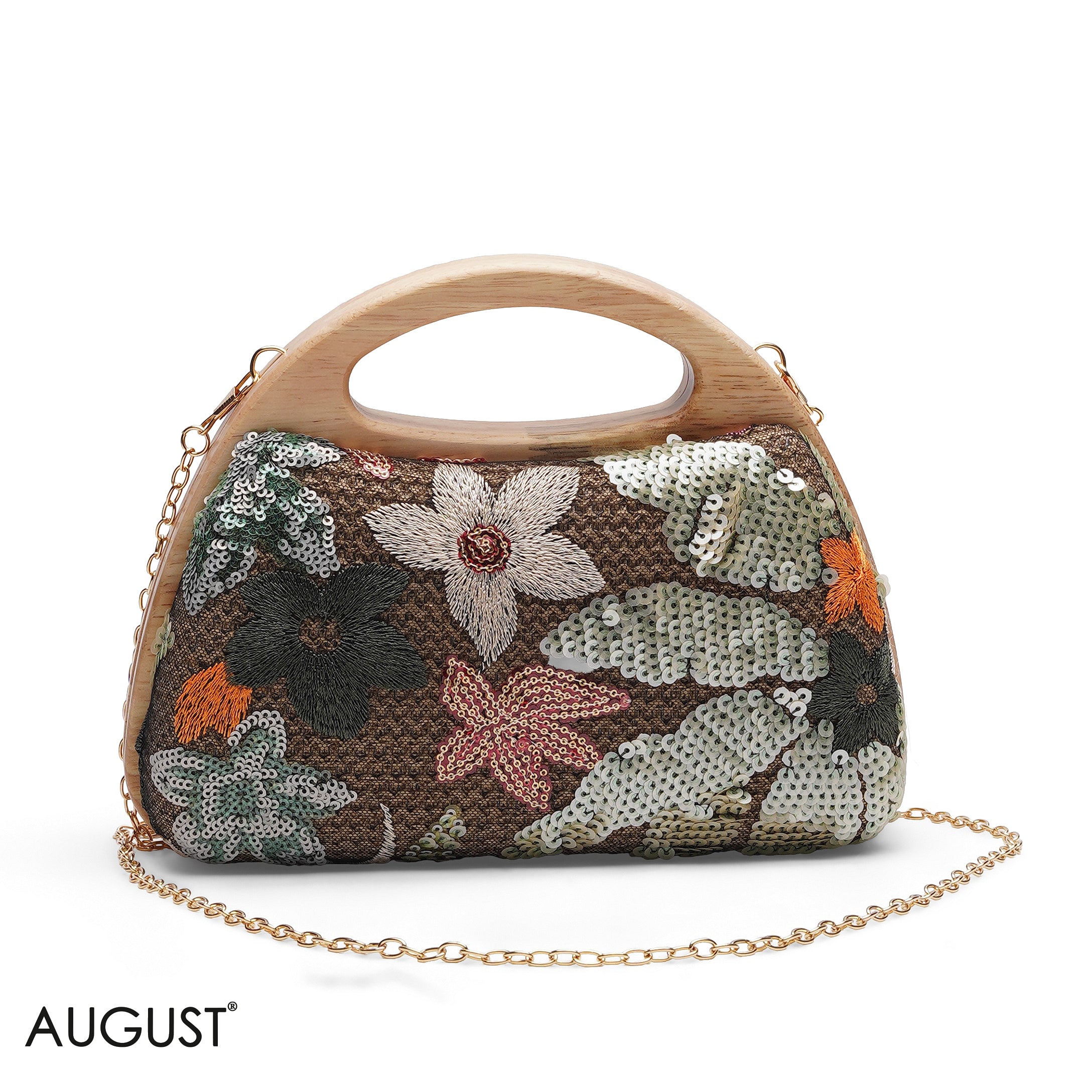FLORAL EMBROIDERY WOODEN HANDLE CLUTCH