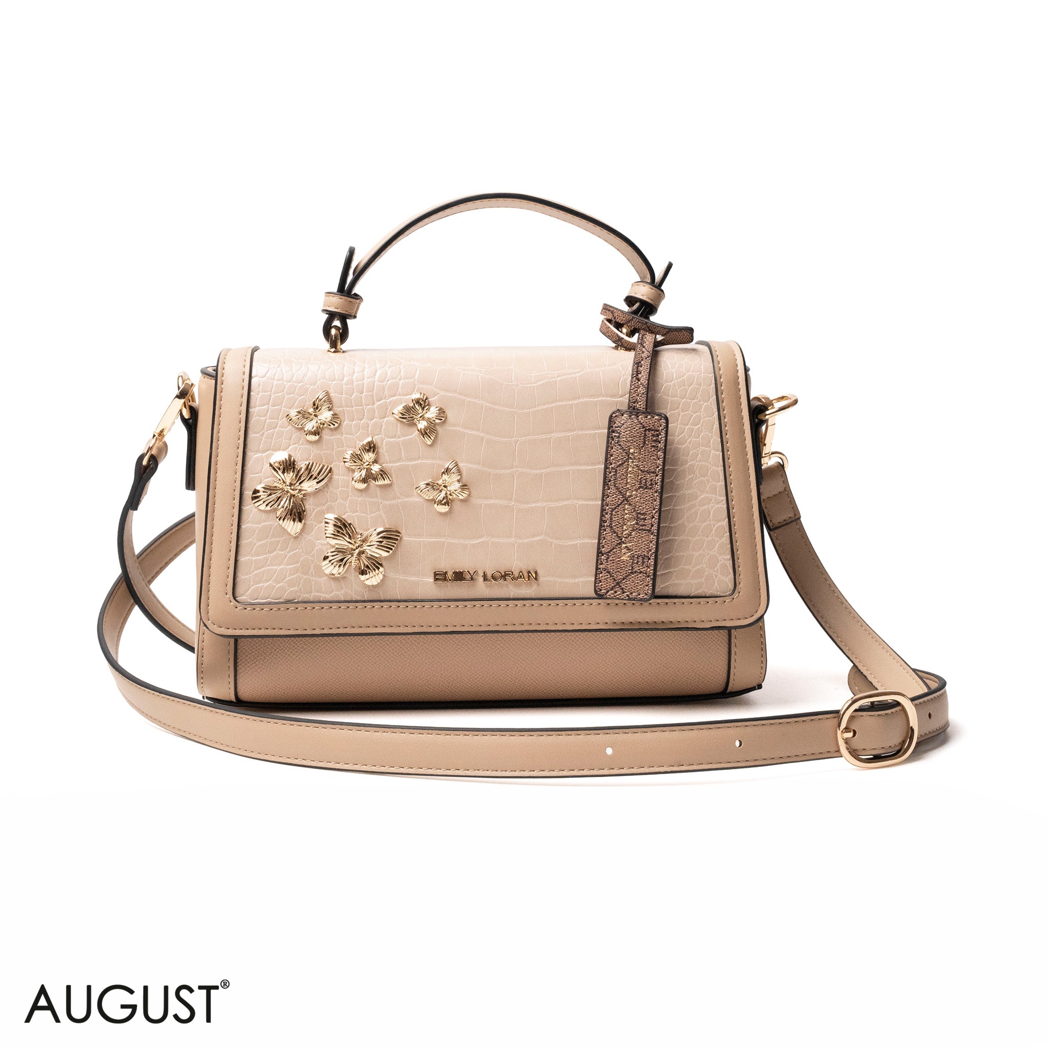 BEIGE LEATHER HANDBAG WITH CROC,BUTTERFLIES DETAILS-MED