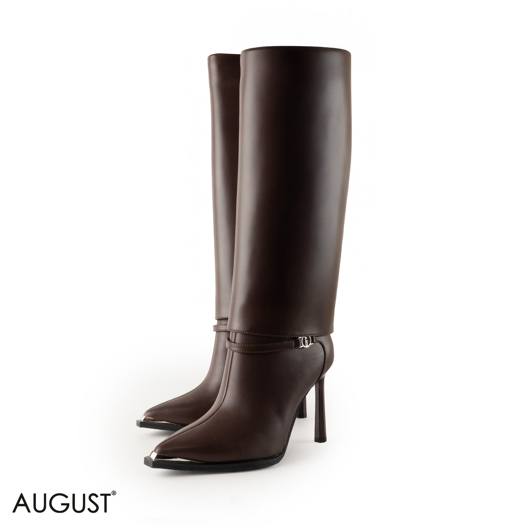 BROWN LEATHER STILETTOS HEELED BOOTS WITH BUCKLE DETAIL