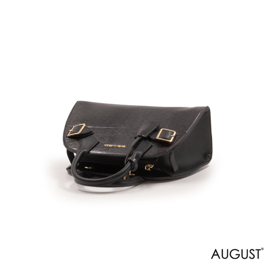 BLACK SNAKE LEATHER HANDBAG WITH GOLD LOCK DETAIL-MED