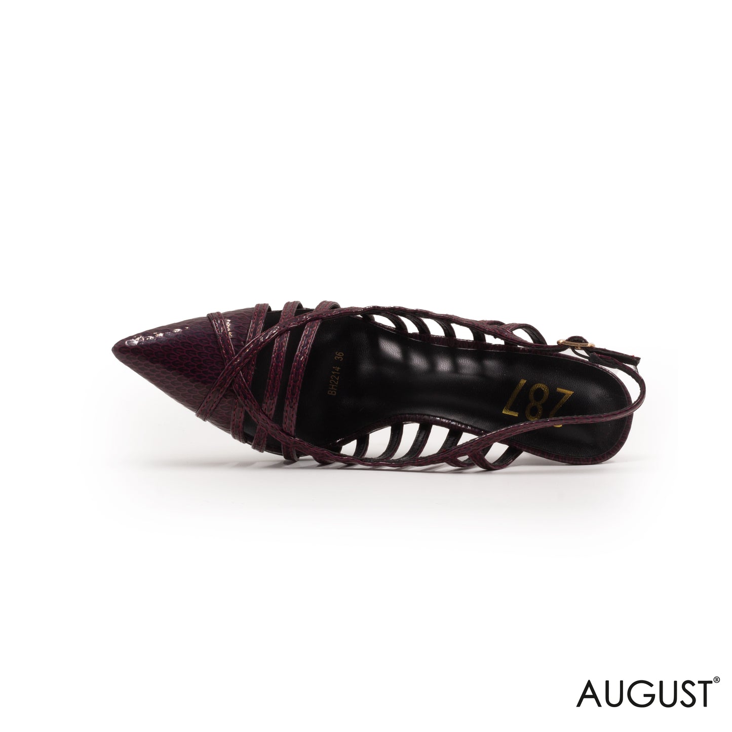 DEEP BURGUNDY SHINY LEATHER HEEL SHOES WITH CUT-OUT STRAPS