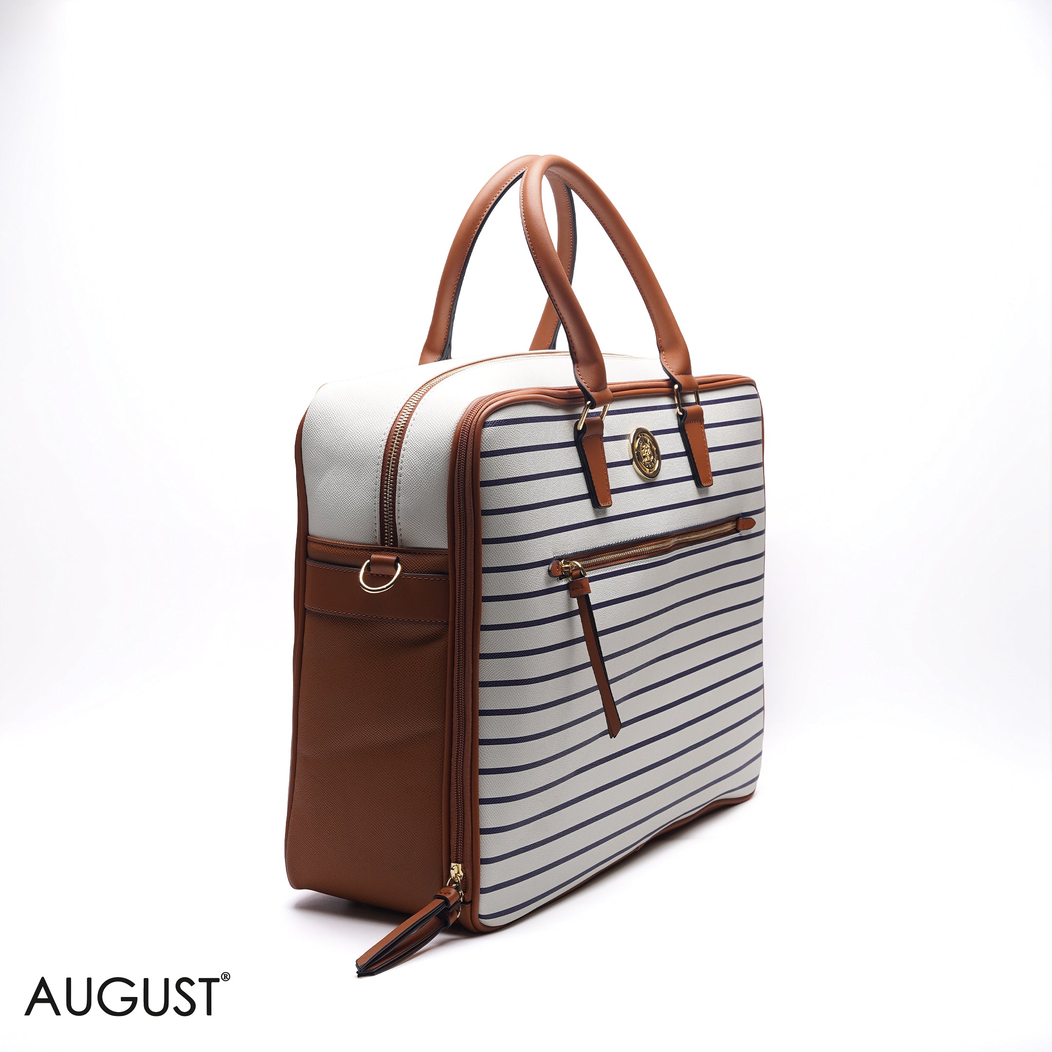 NAVY STRIPED FAUX LEATHER CASUAL TRAVEL BAG - LARGE