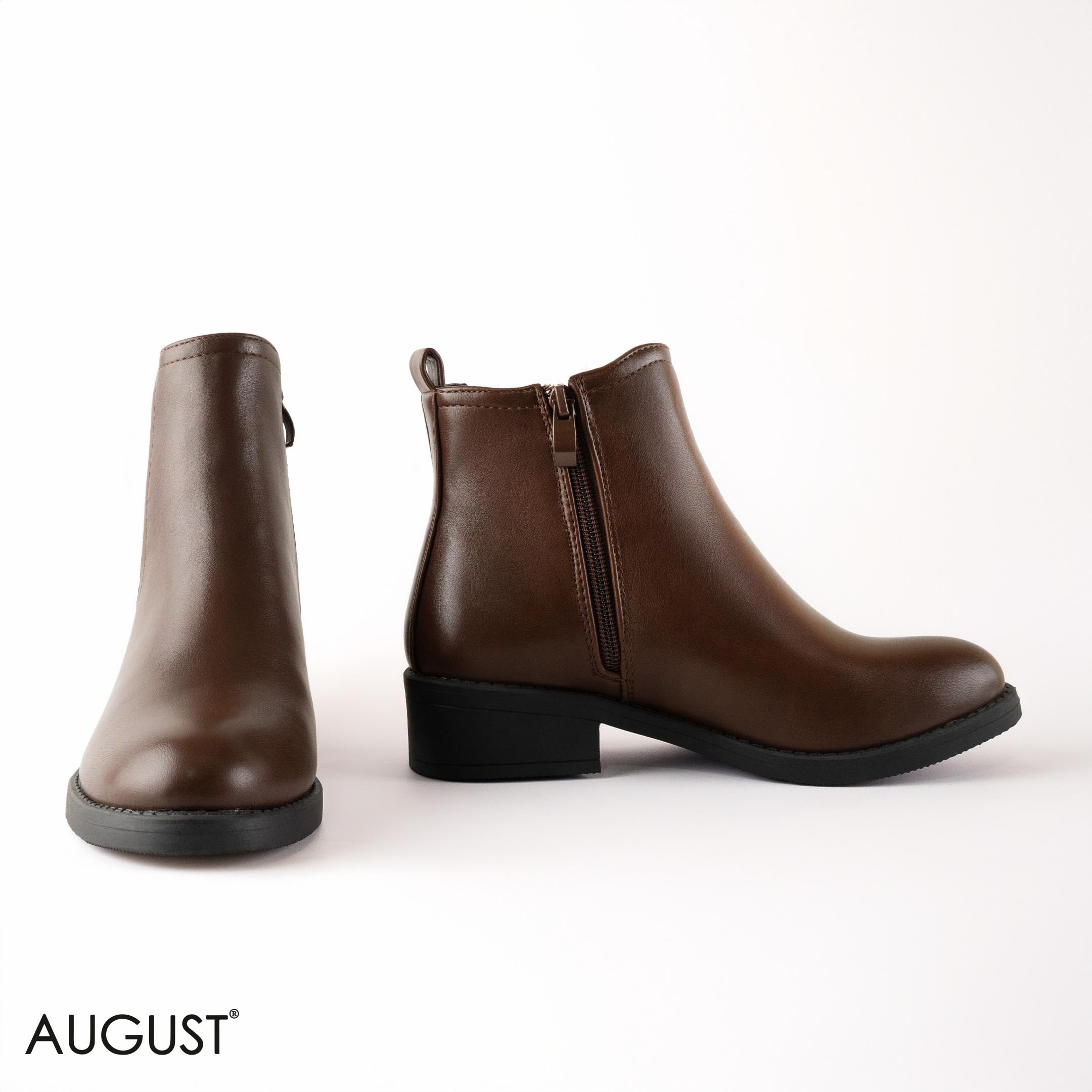 BROWN LEATHER ANKLE BOOTS WITH RUBBER DETAIL