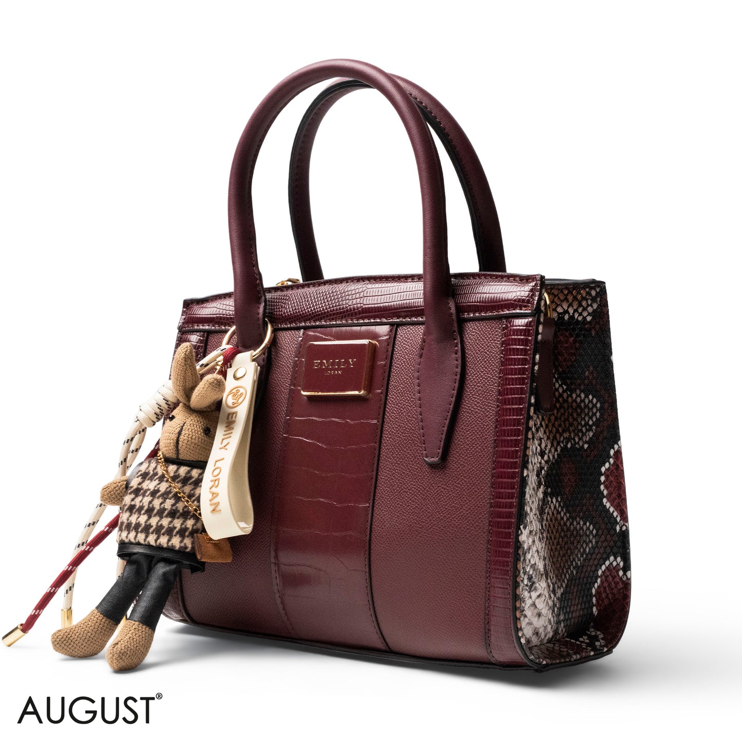 MAROON SMOOTH LEATHER HANDBAG WITH ACCESSORIES -MED