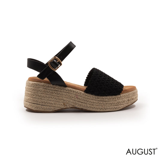 BLACK WOVEN SANDALS, WEDGE SOLE WITH ANKEL BUCKLE
