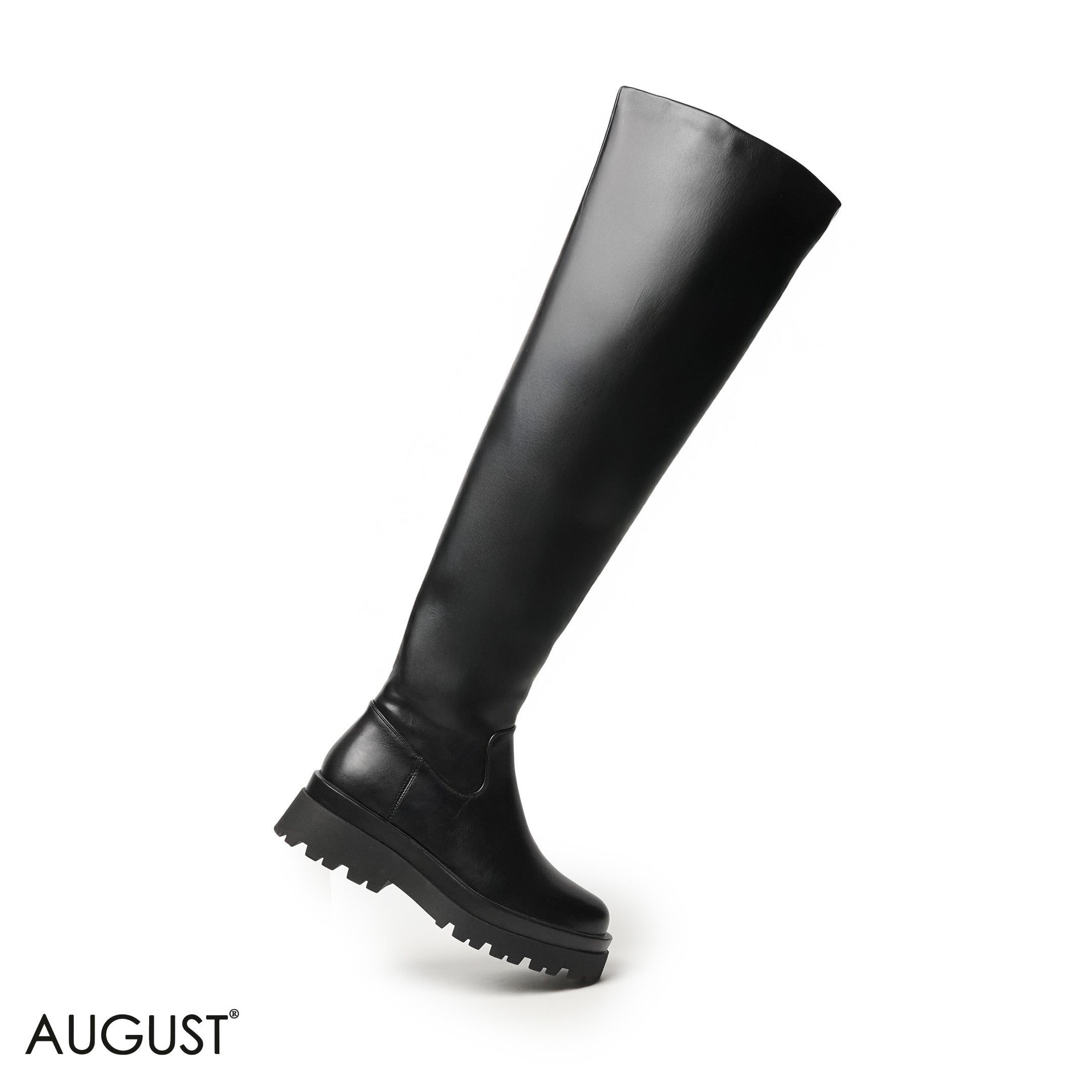 BLACK SHINY LEATHER KNEE-HIGH BOOTS WITH THICK SOLE