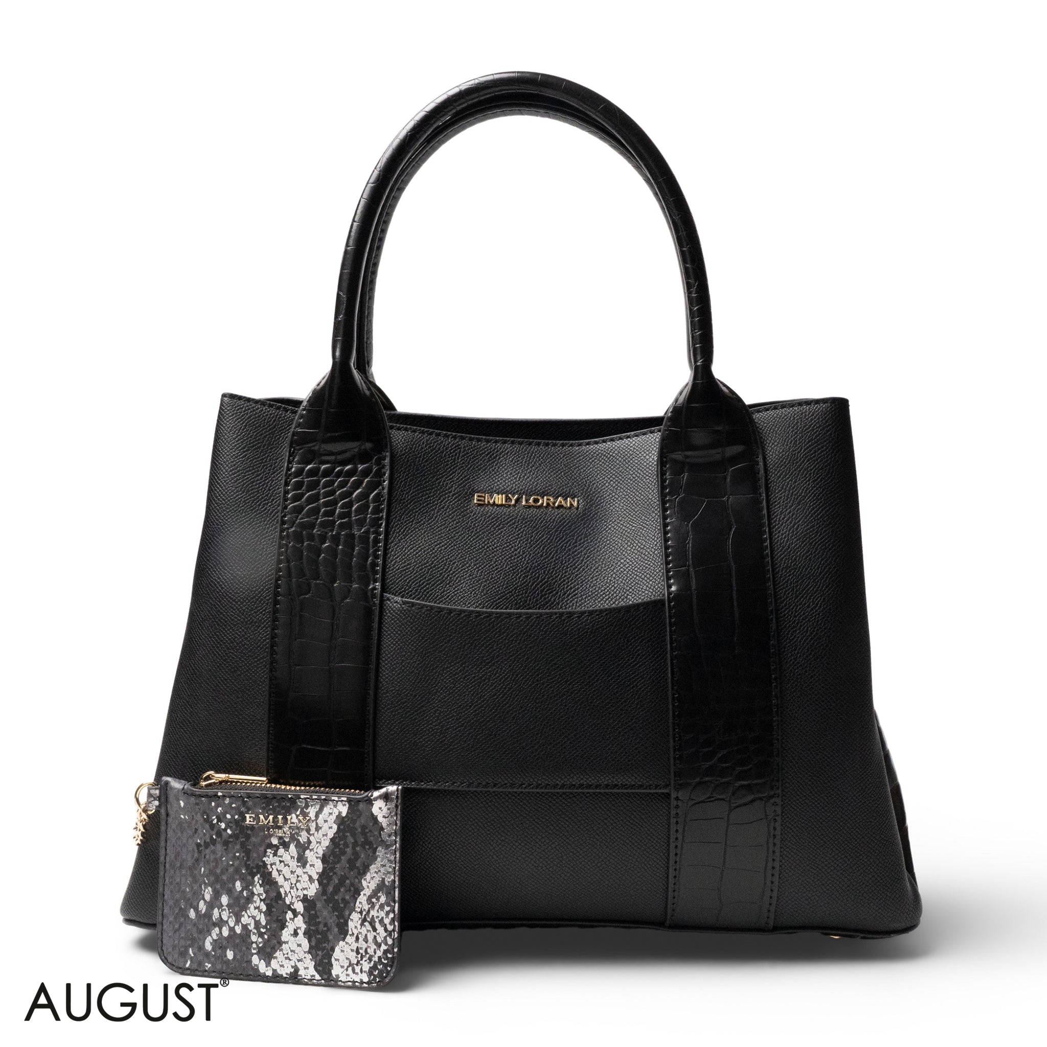 BLACK SMOOTH LEATHER HANDBAG WITH CROC DESIGN -LARGE