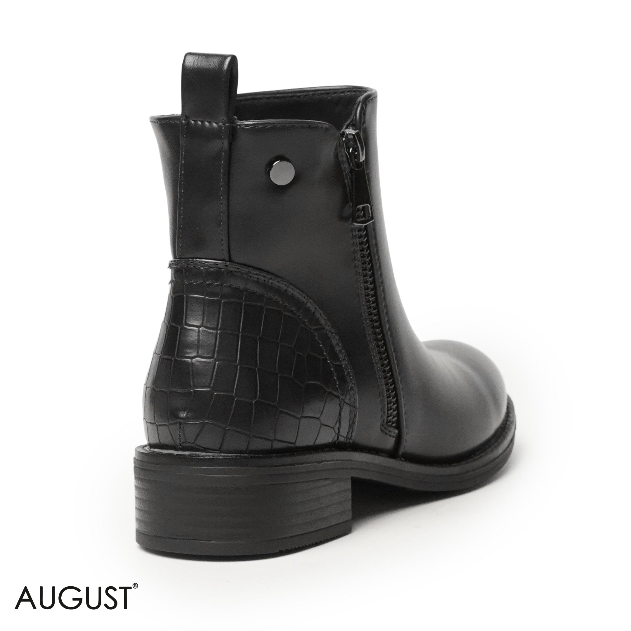 BLACK LEATHER ANKLE BOOTS WITH CROCODILE TOUCH