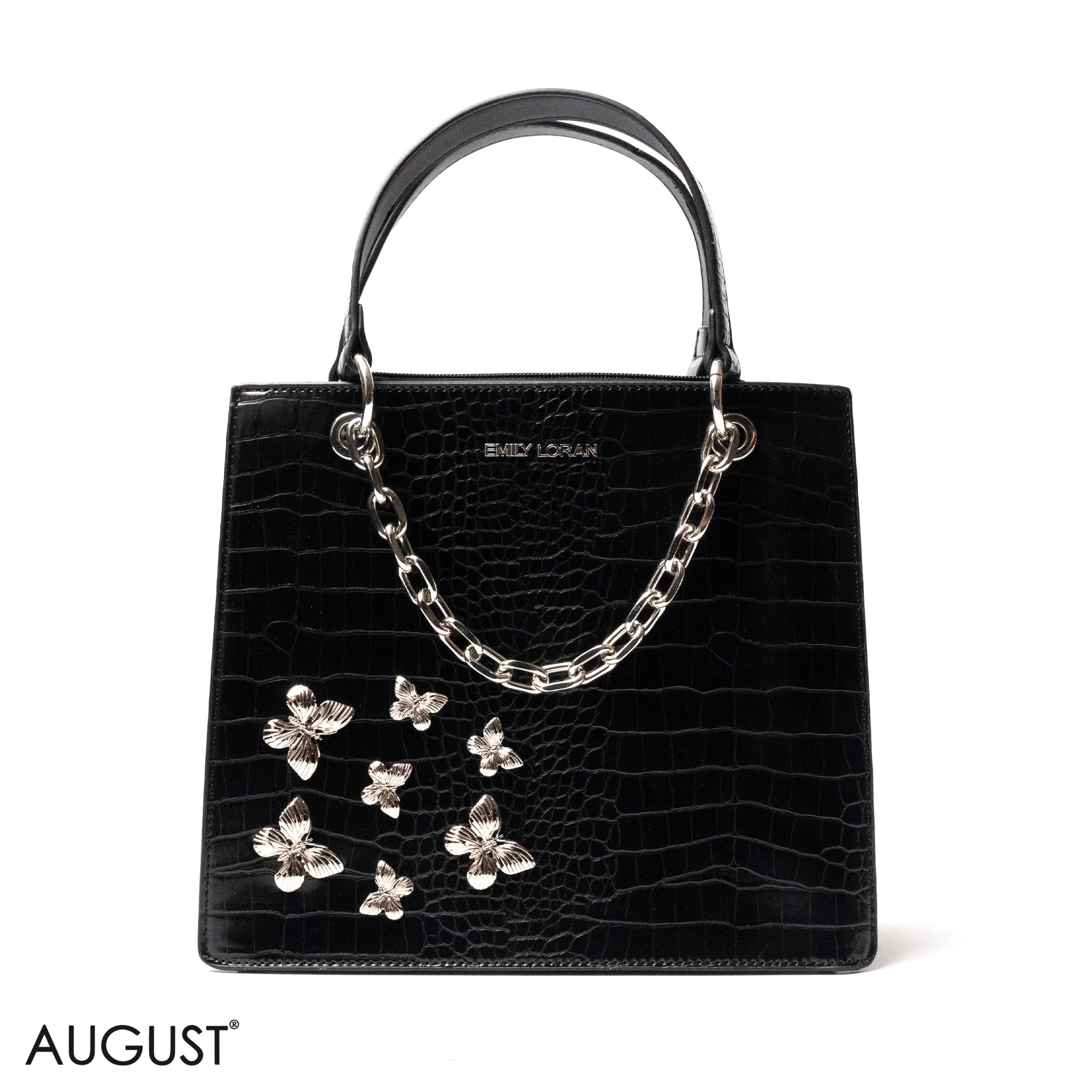 BLACK LEATHER HANDBAG WITH METAL CHAIN,BUTTERFLIES - MED