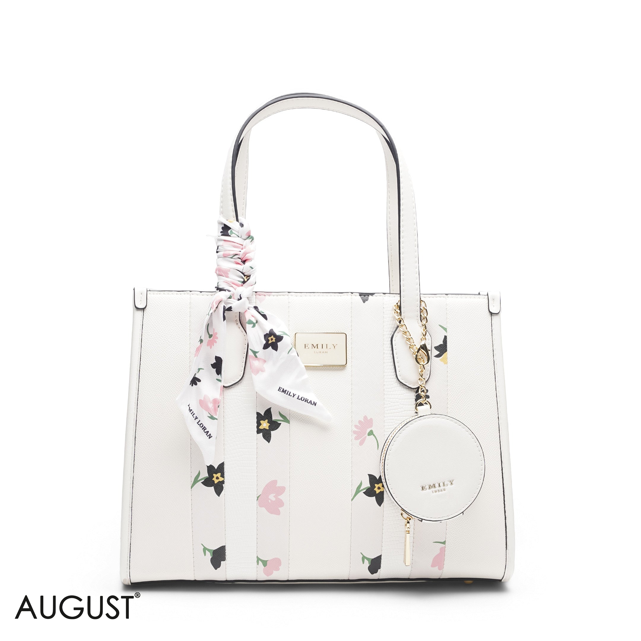 WHITE FLORAL TOTE WITH POUCH - LARGE