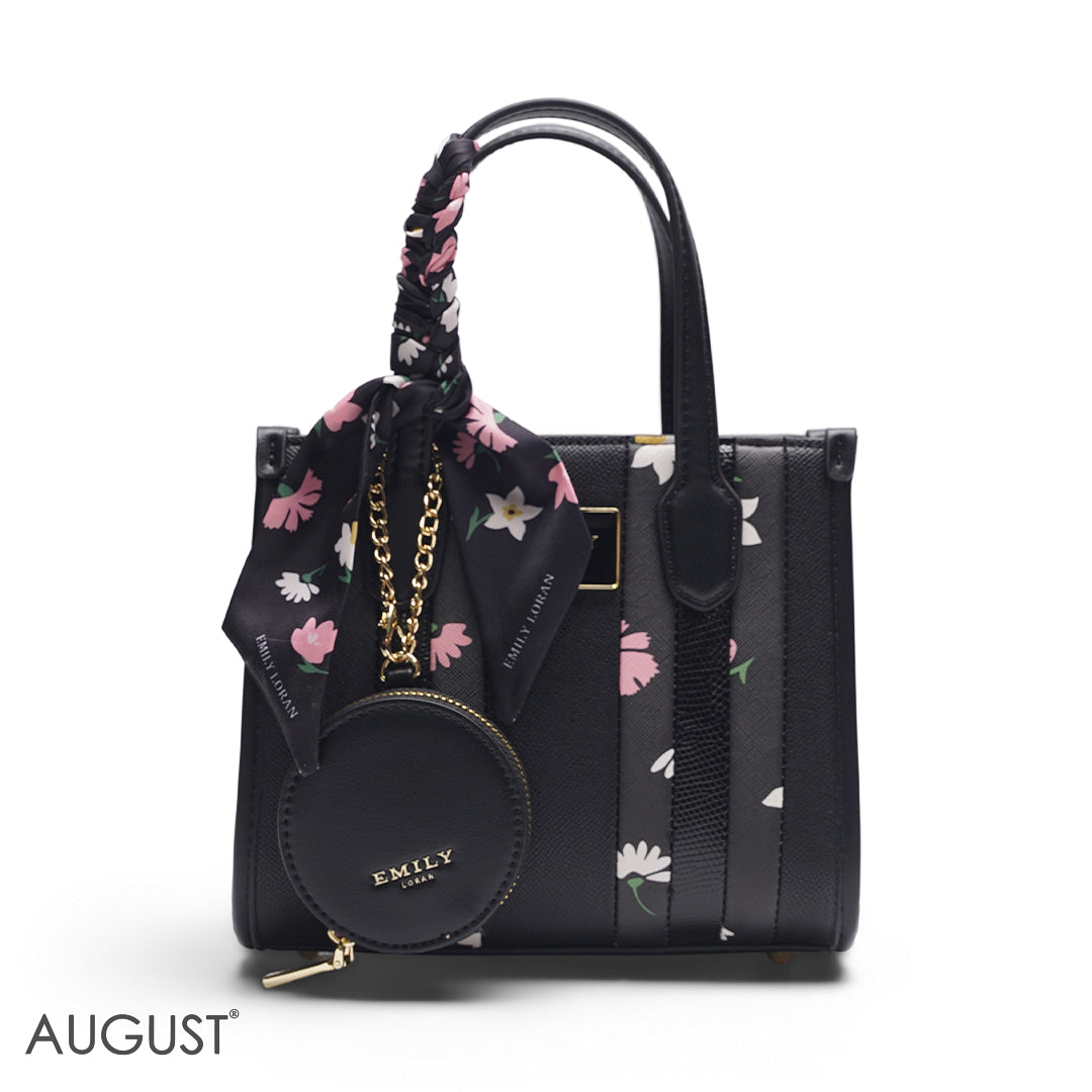 BLACK FLORAL TOTE WITH PINK PRINTS - SMALL