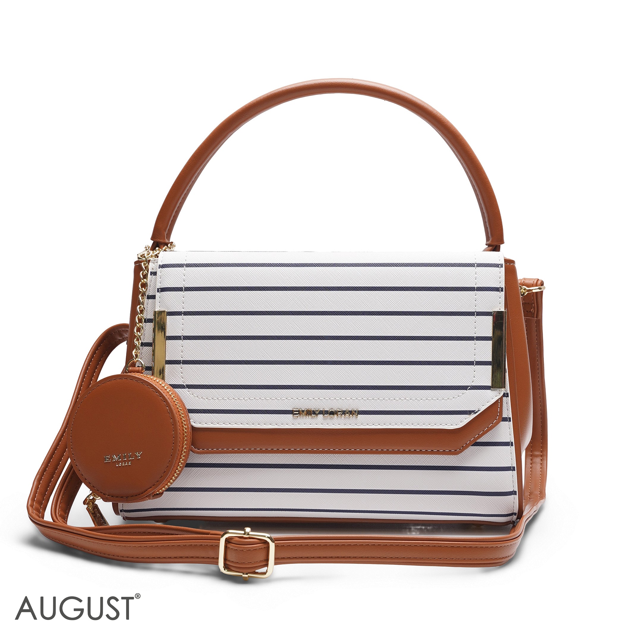 EMILY STRIPED NAVY & TAN SATCHEL BAG WITH ROUND POUCH - MED