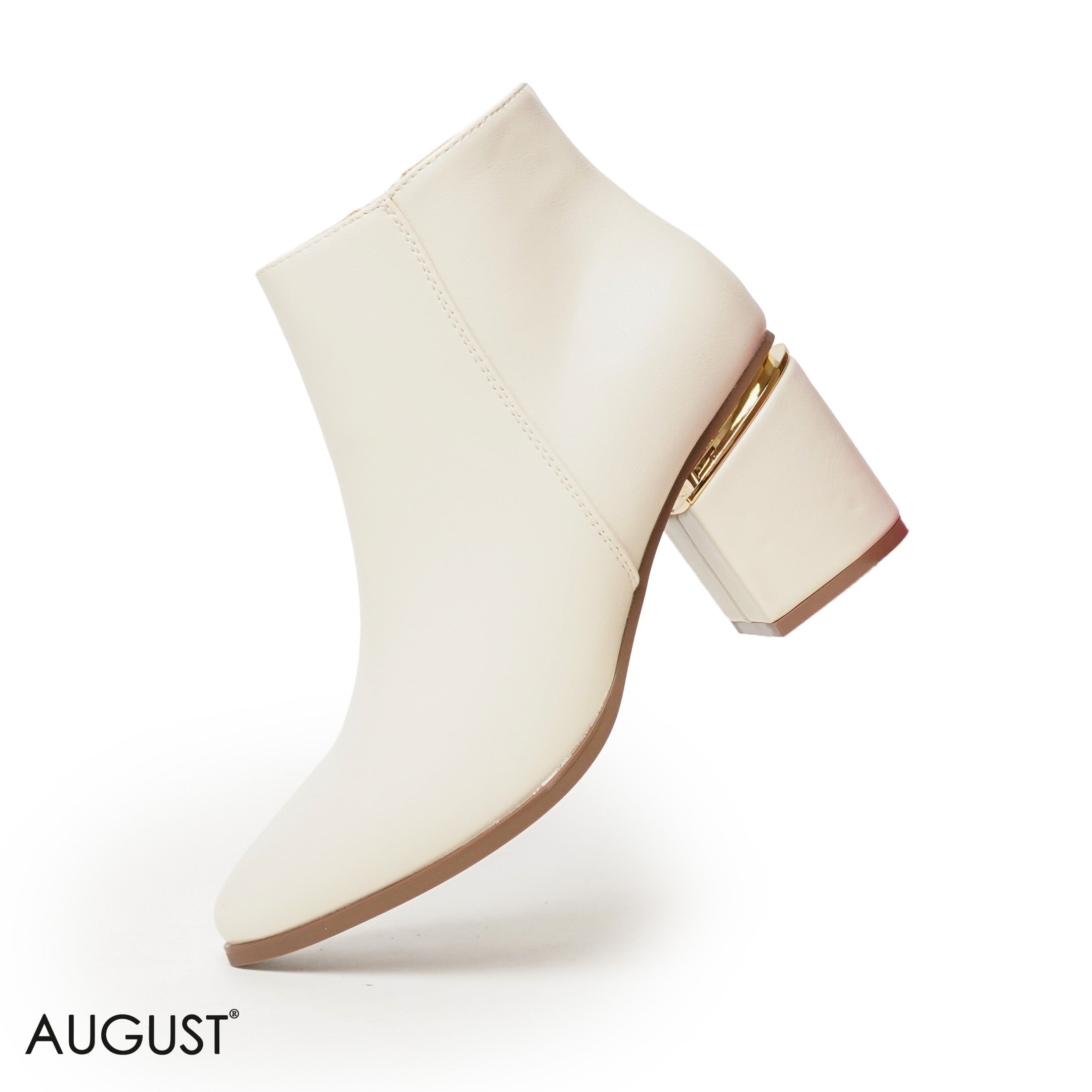 BEIGE LEATHER HEELED BOOTS WITH GOLD METALLIC TOUCH