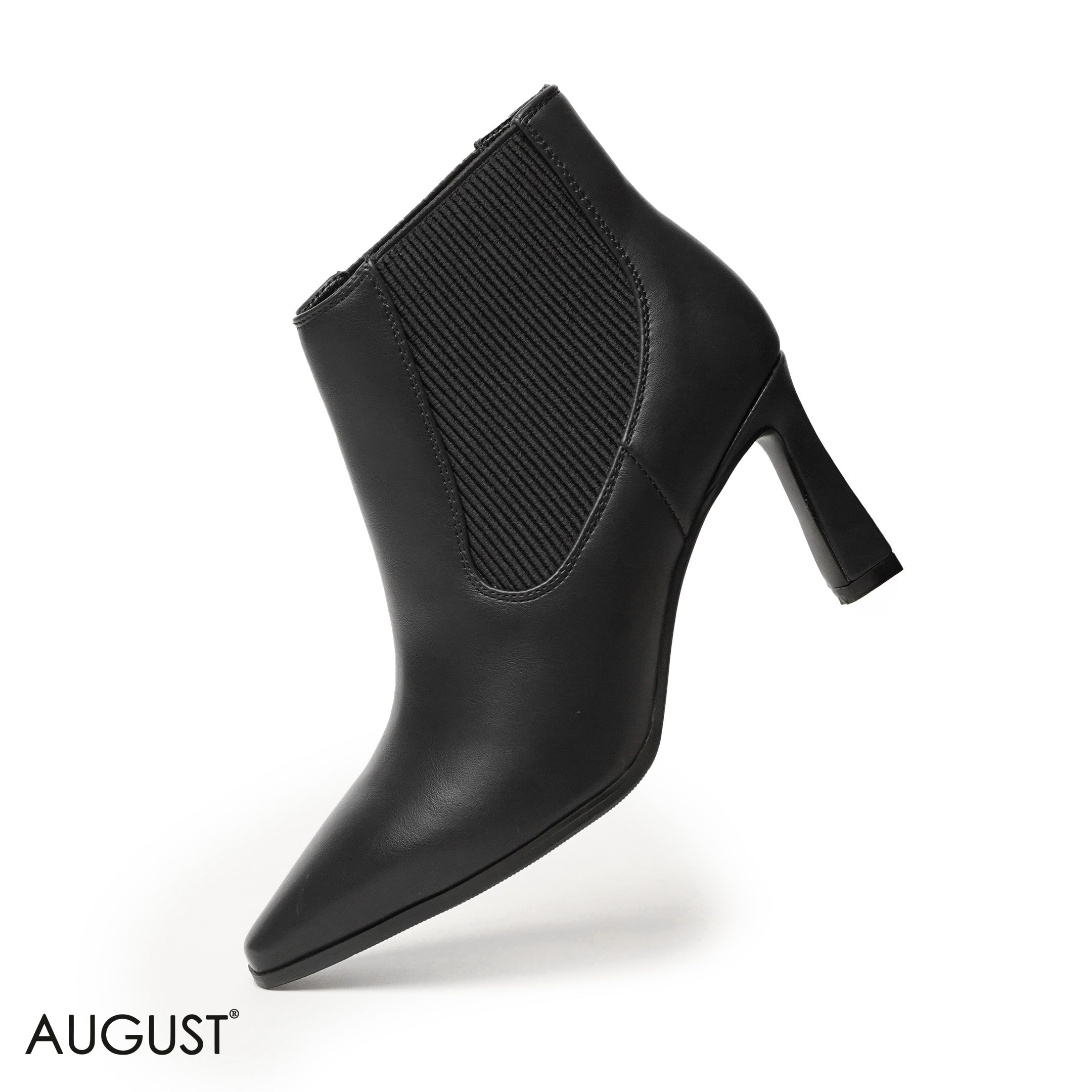 BLACK LEATHER HEELED BOOTS WITH ELASTIC FABRIC ACCENTS