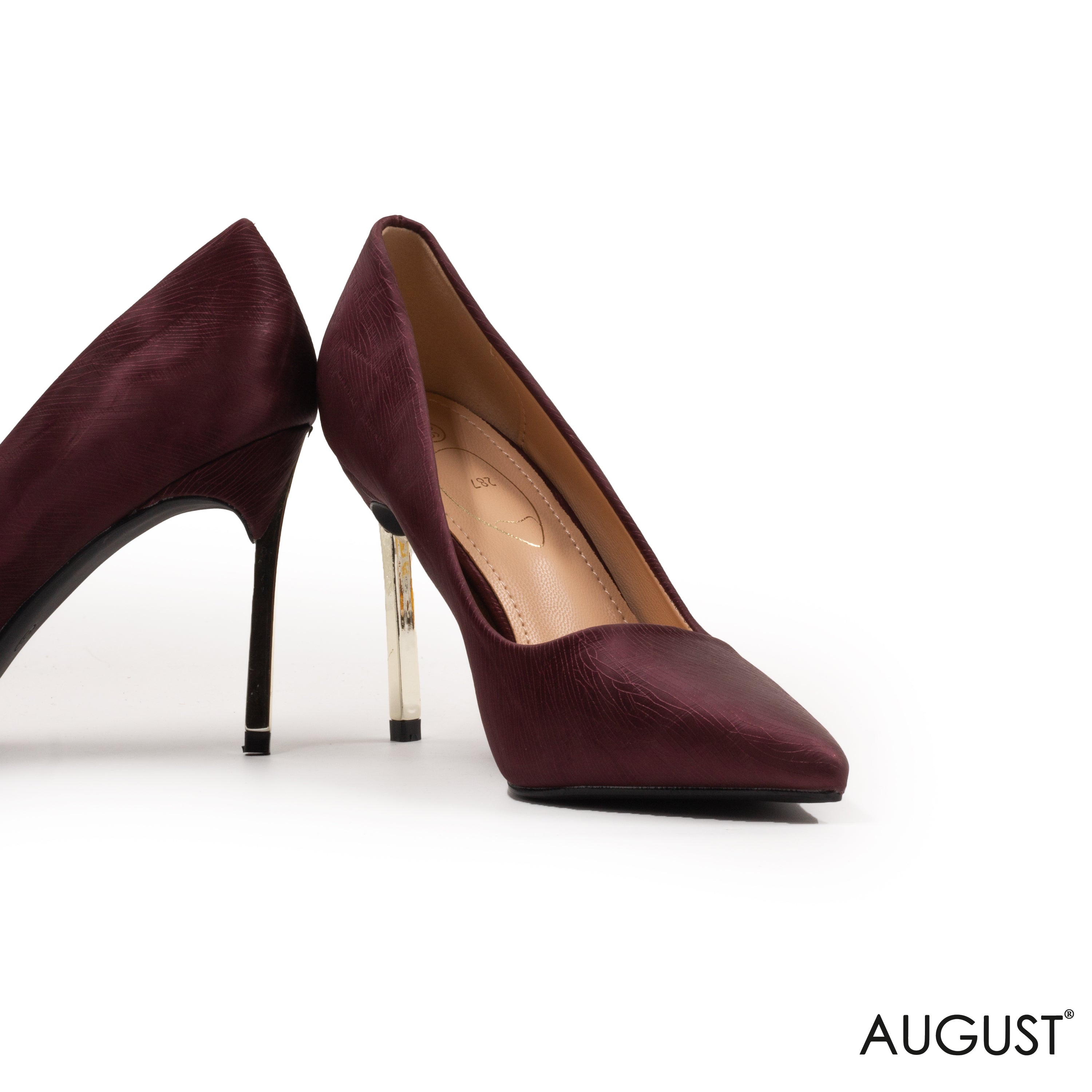 MAROON LEATHER TEXTURED WITH METALLIC HEEL SHOES