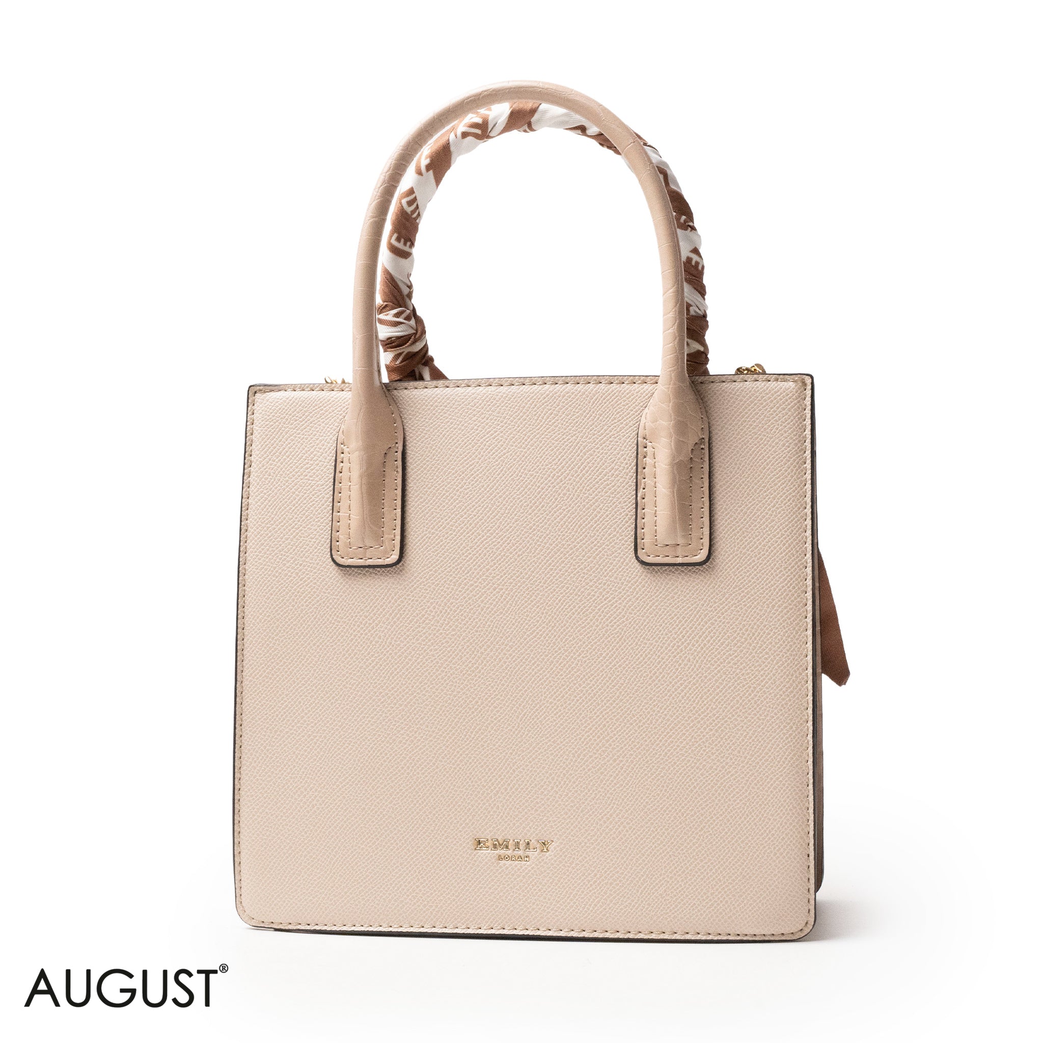 CREAMY LEATHER HANDBAG WITH SILKY SCARF, METAL CHAIN - MED