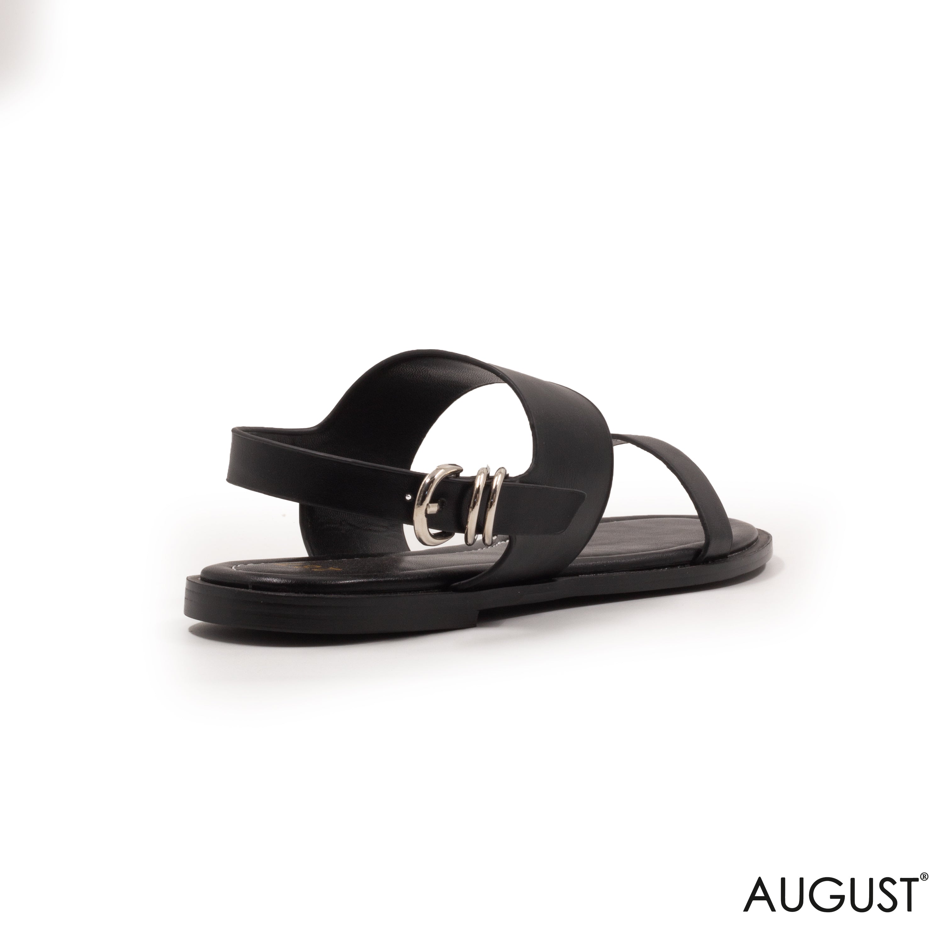 SMOOTH BLACK LEATHER FLAT SANDALS WITH BUCKLED