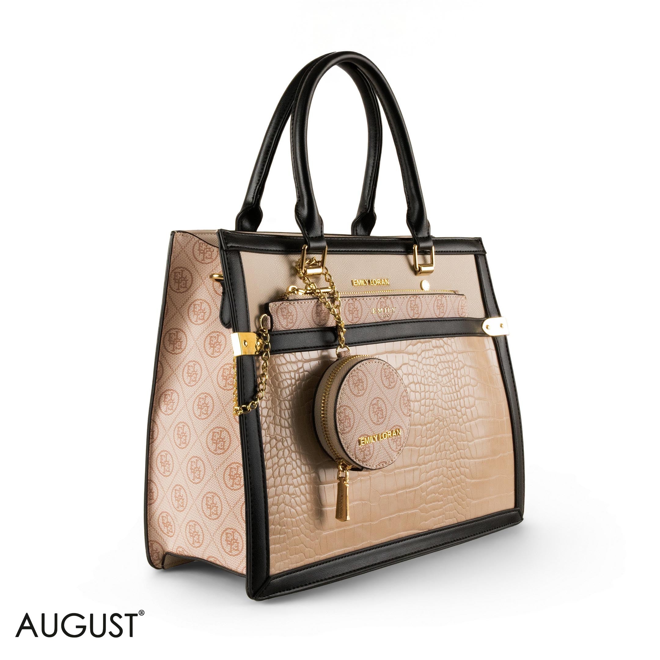 BEIGE LEATHER EMILY LORAN HANDBAG WITH PANTTERNED DETAILS - LARGE