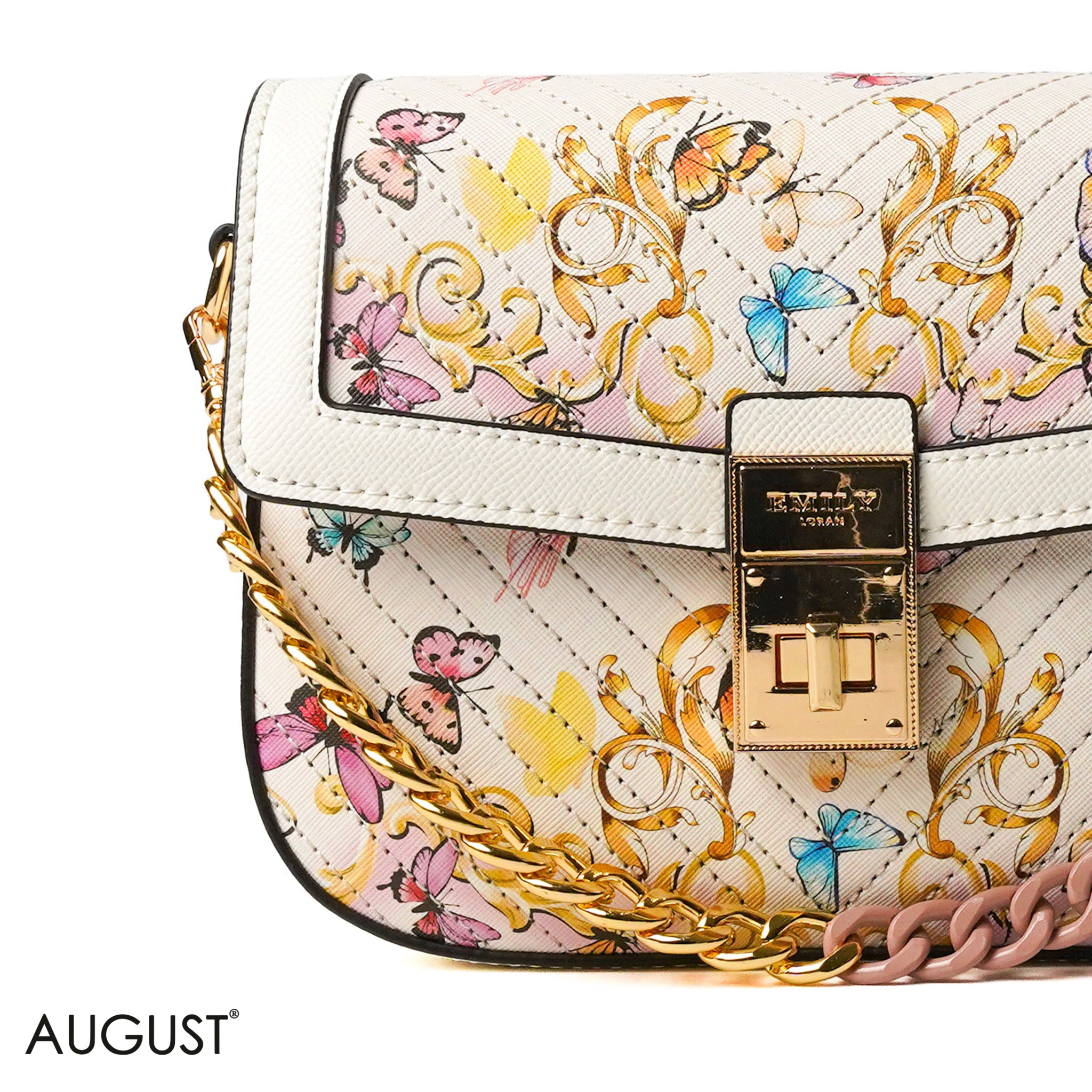 WHITE BUTTERFLY PRINTED CROSS BAG WITH SIMPLE BUFF DESIGN - SMALL