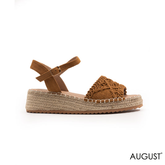 CAMEL STRAW WOVEN FLAT SANDALS WITH WEDGE SOLE