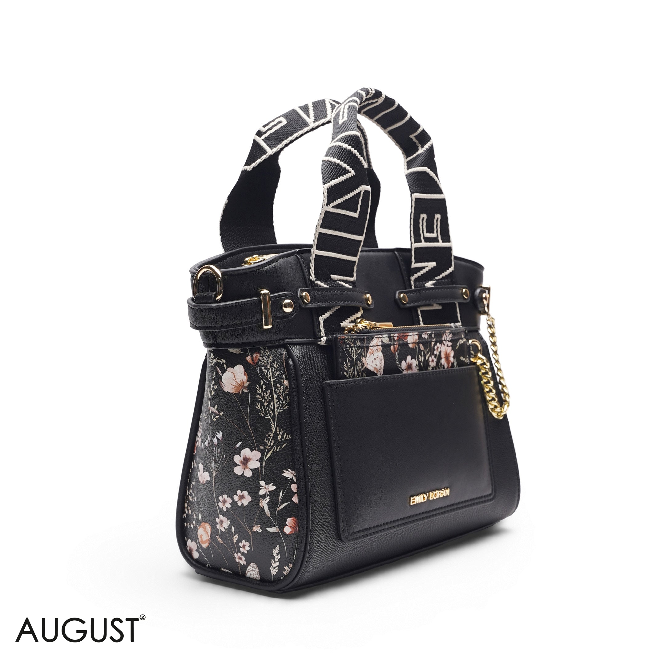 BLACK FLORAL TOTE BAG WITH POUCH - MED