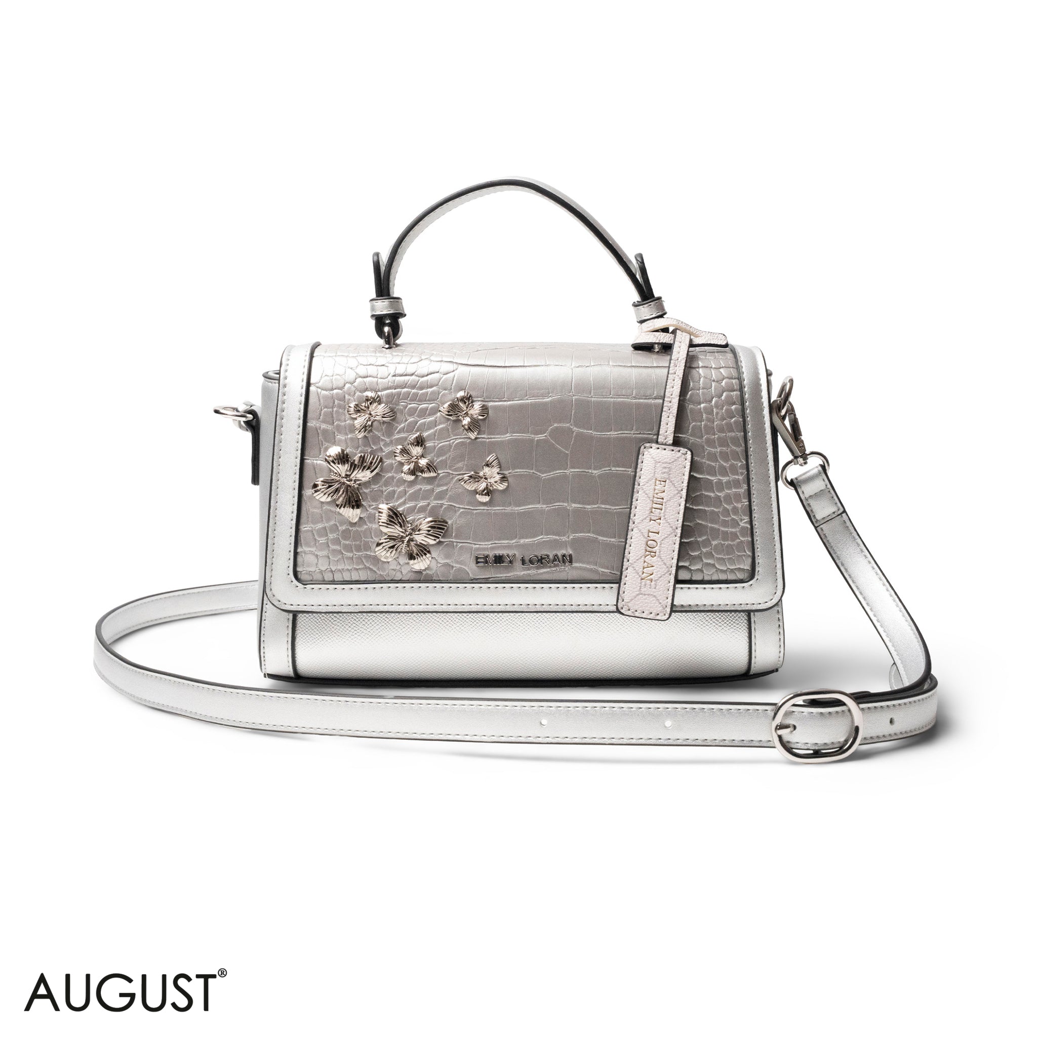 SILVER LEATHER HANDBAG WITH CROC,BUTTERFLIES  DETAILS-MED