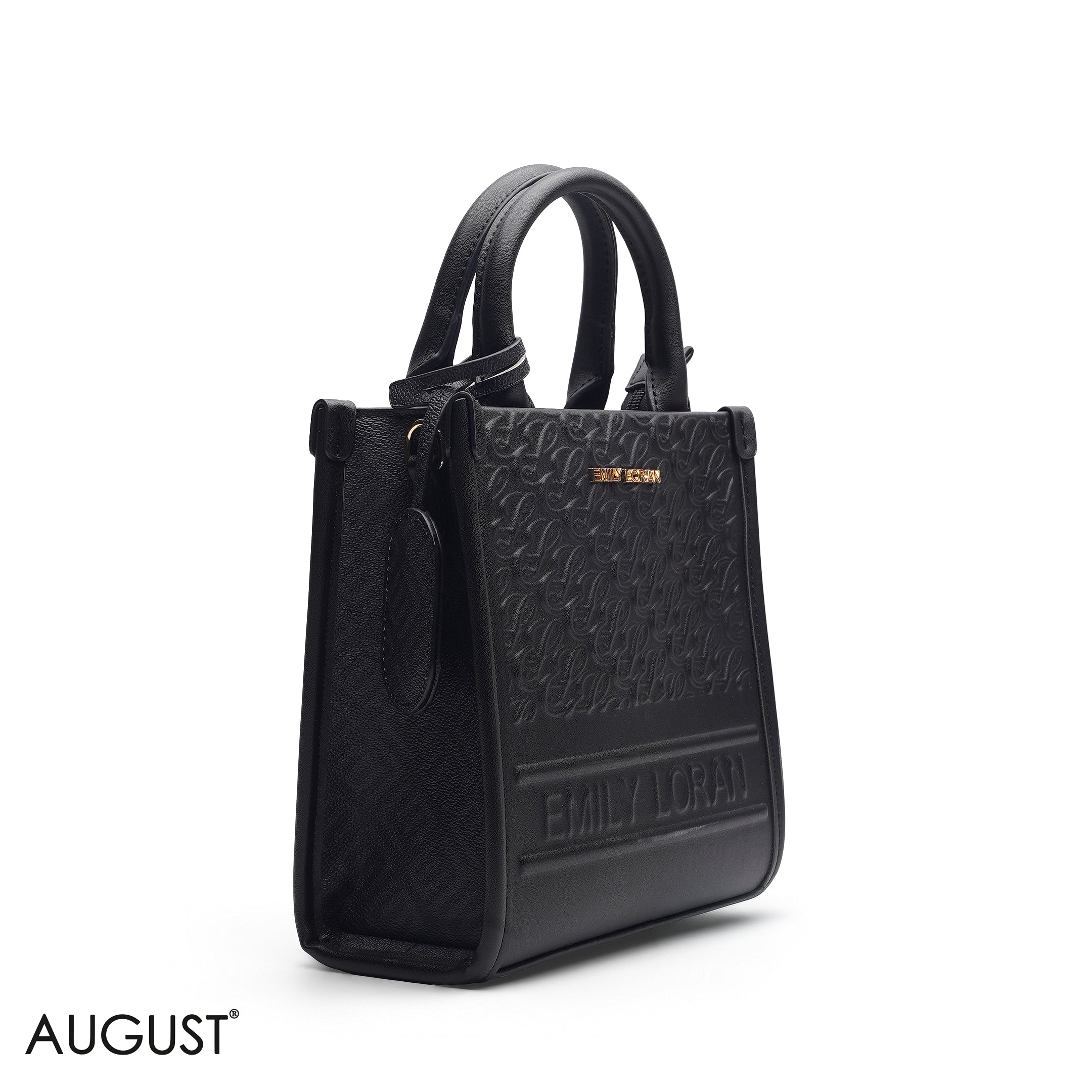 BLACK EMBOSSED LOGO TOP HANDLE TOTE BAG