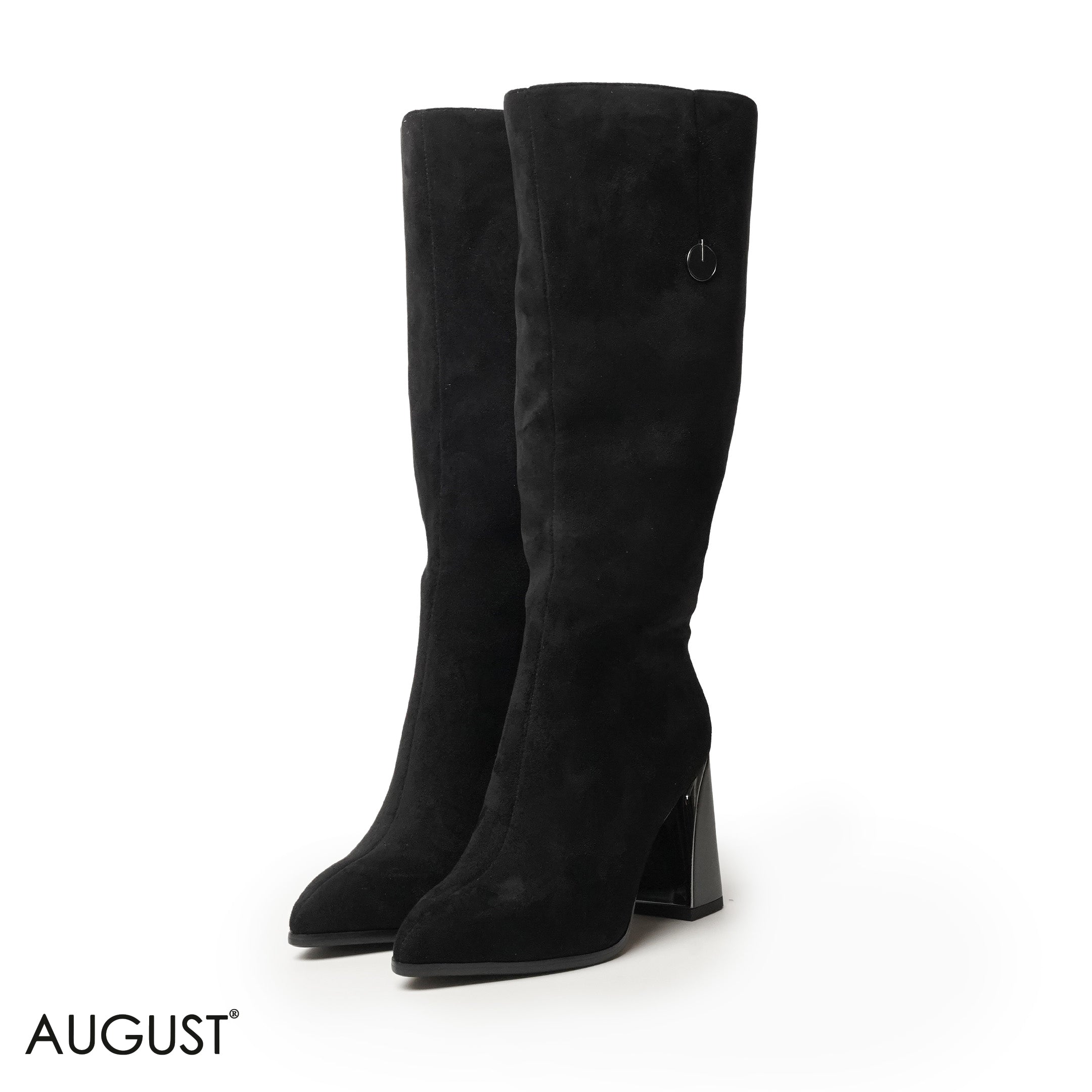 BLACK CHAMOIS LEATHER HEELED LONG BOOTS WITH SIDE ZIPPER