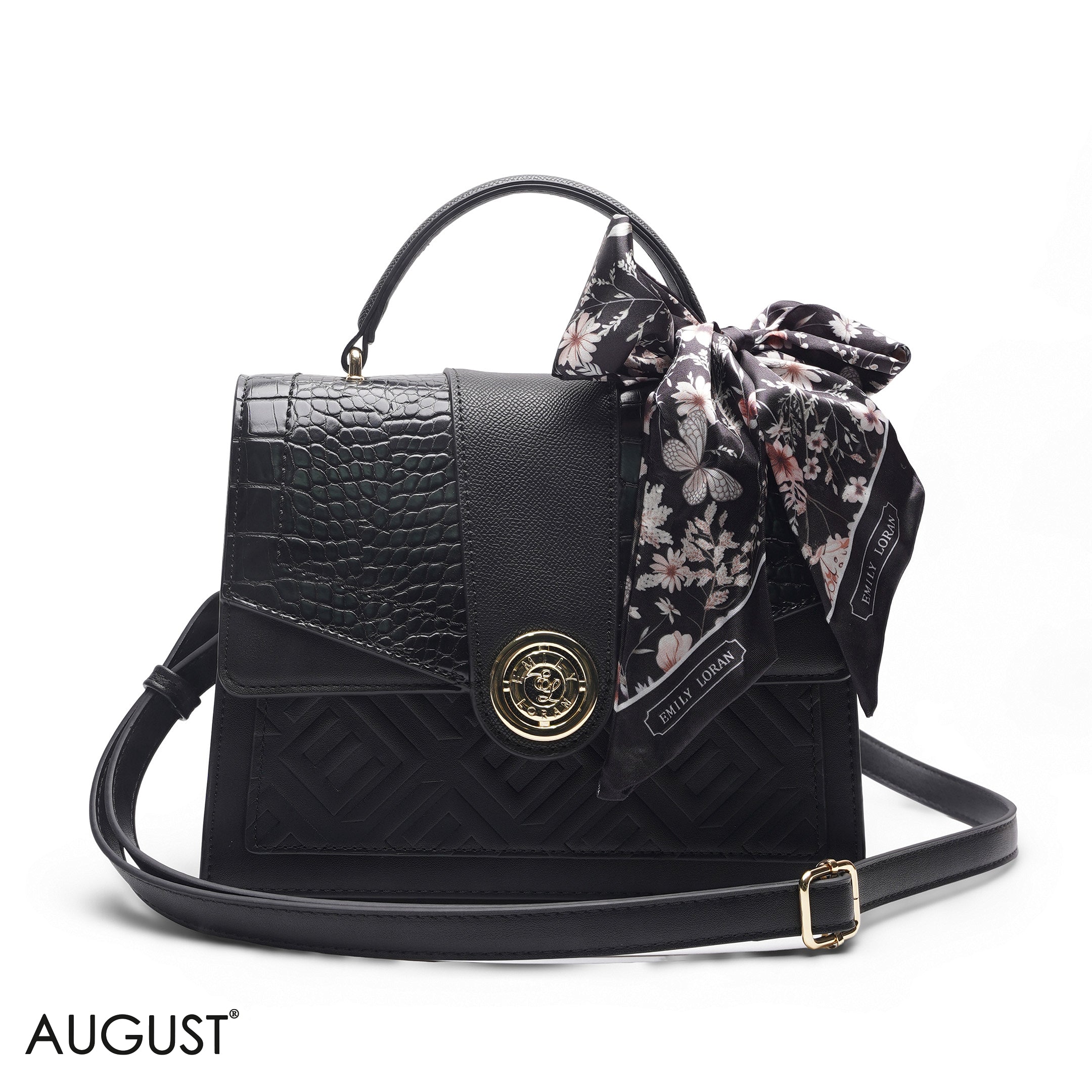 CROC EMBOSSED SCARF BLACK TOP HANDLE BAG