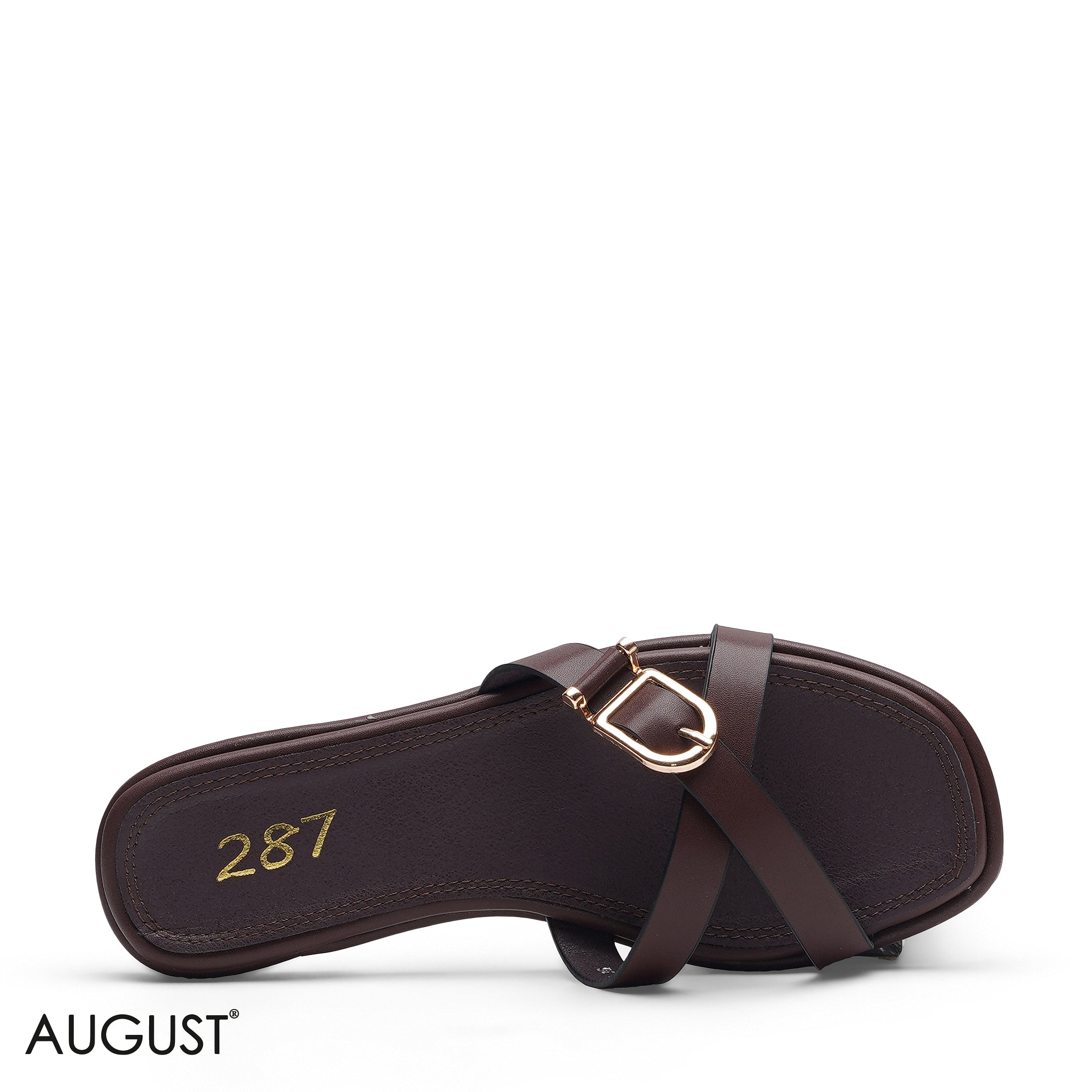 DEEP BROWN SLIM CROSS STRAP BUCKLE SLIPPERS