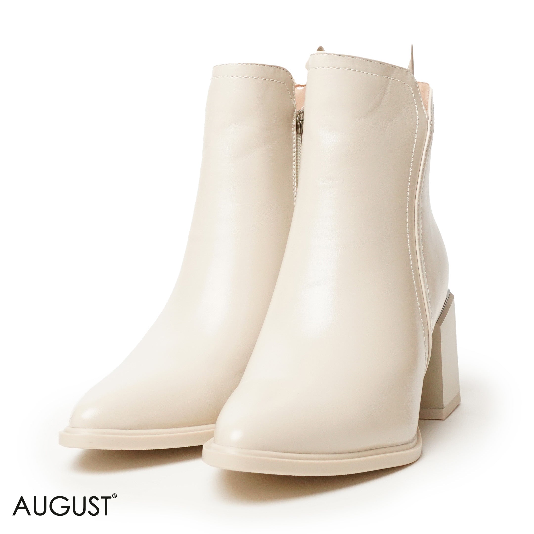 BEIGE LEATHER HEELED BOOTS WITH SIDE ZIPPER