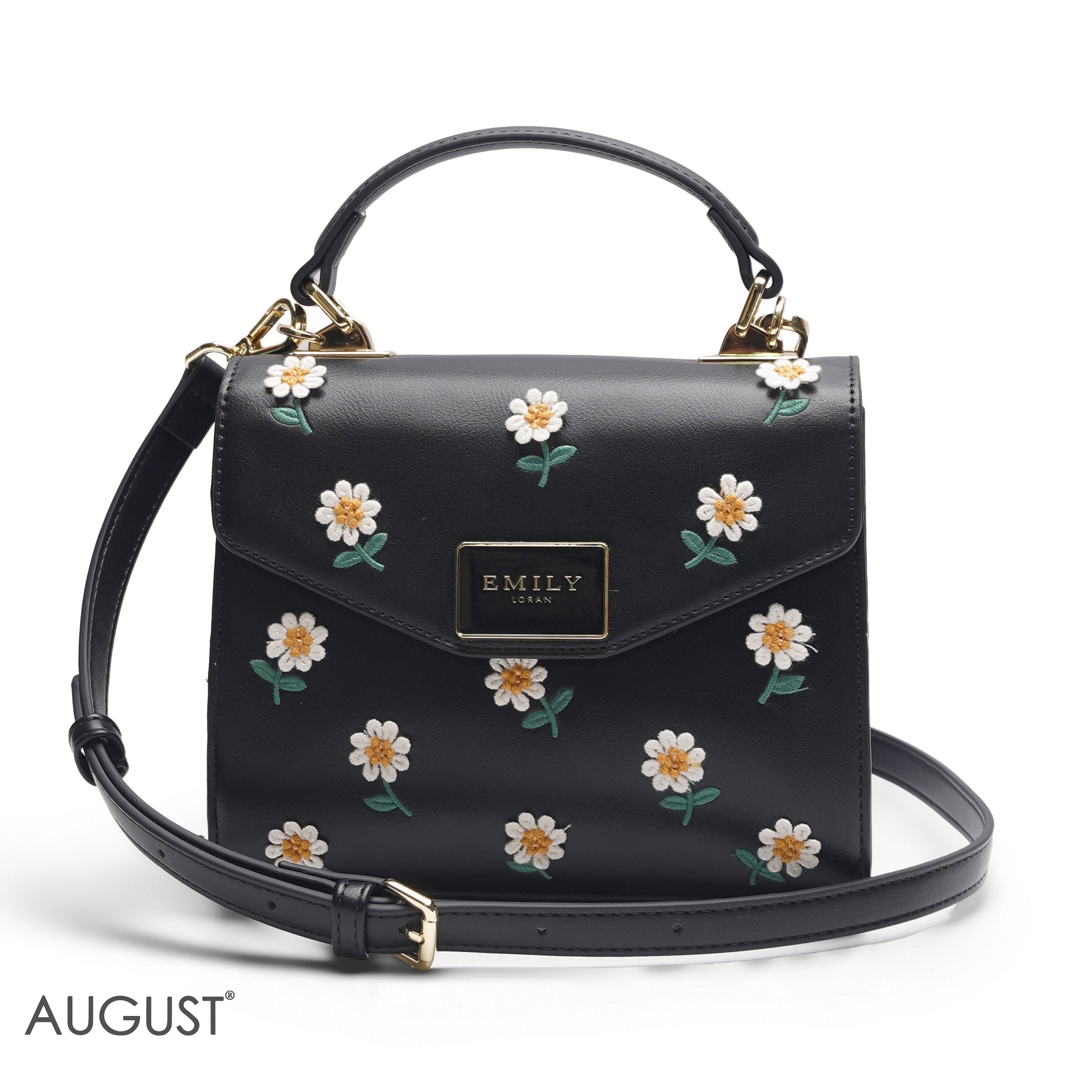 BLACK DAISY EMBROIDERED SATCHEL BAG - SMALL