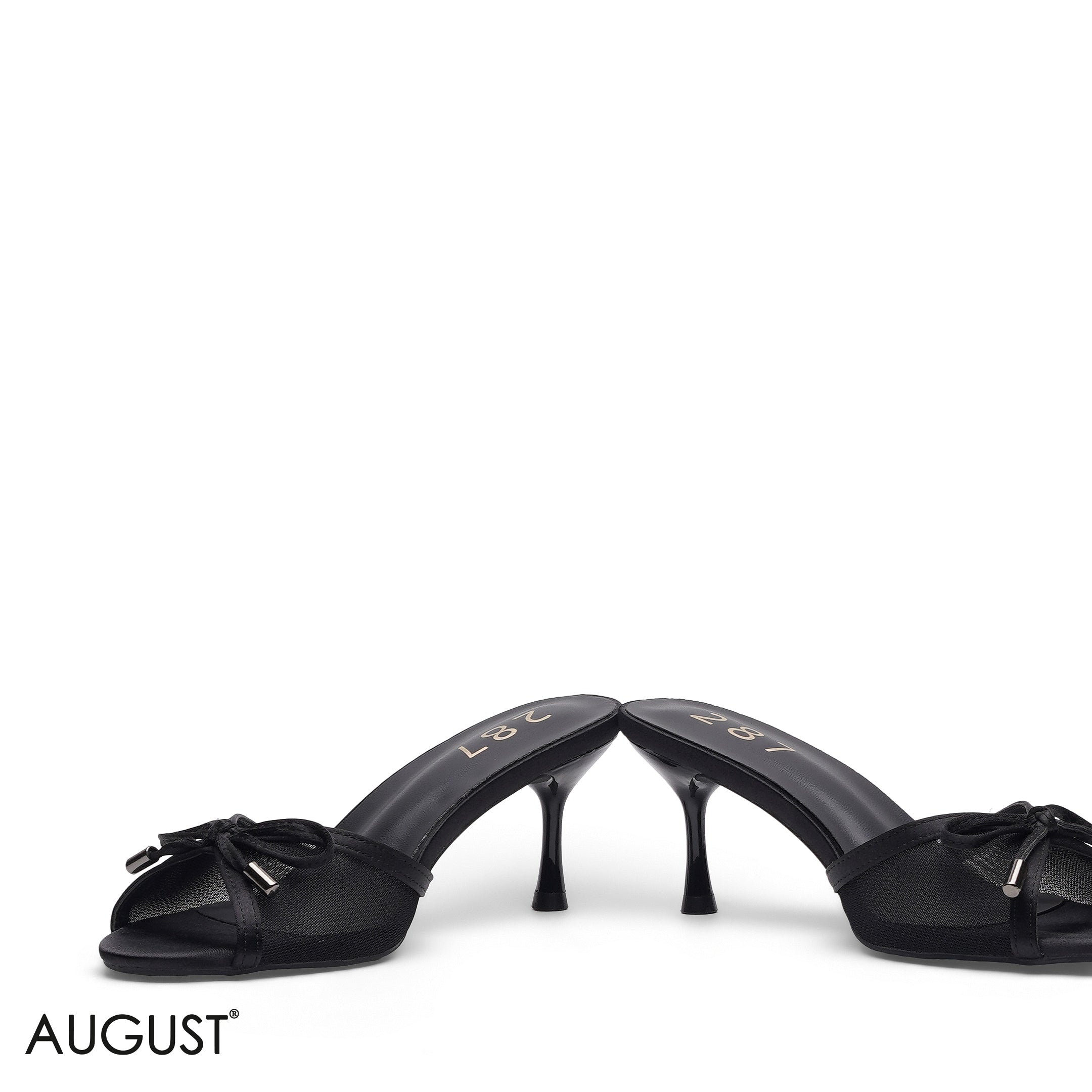 BLACK MESH FABRIC BOW ACCENT SLINGBACK HEELS