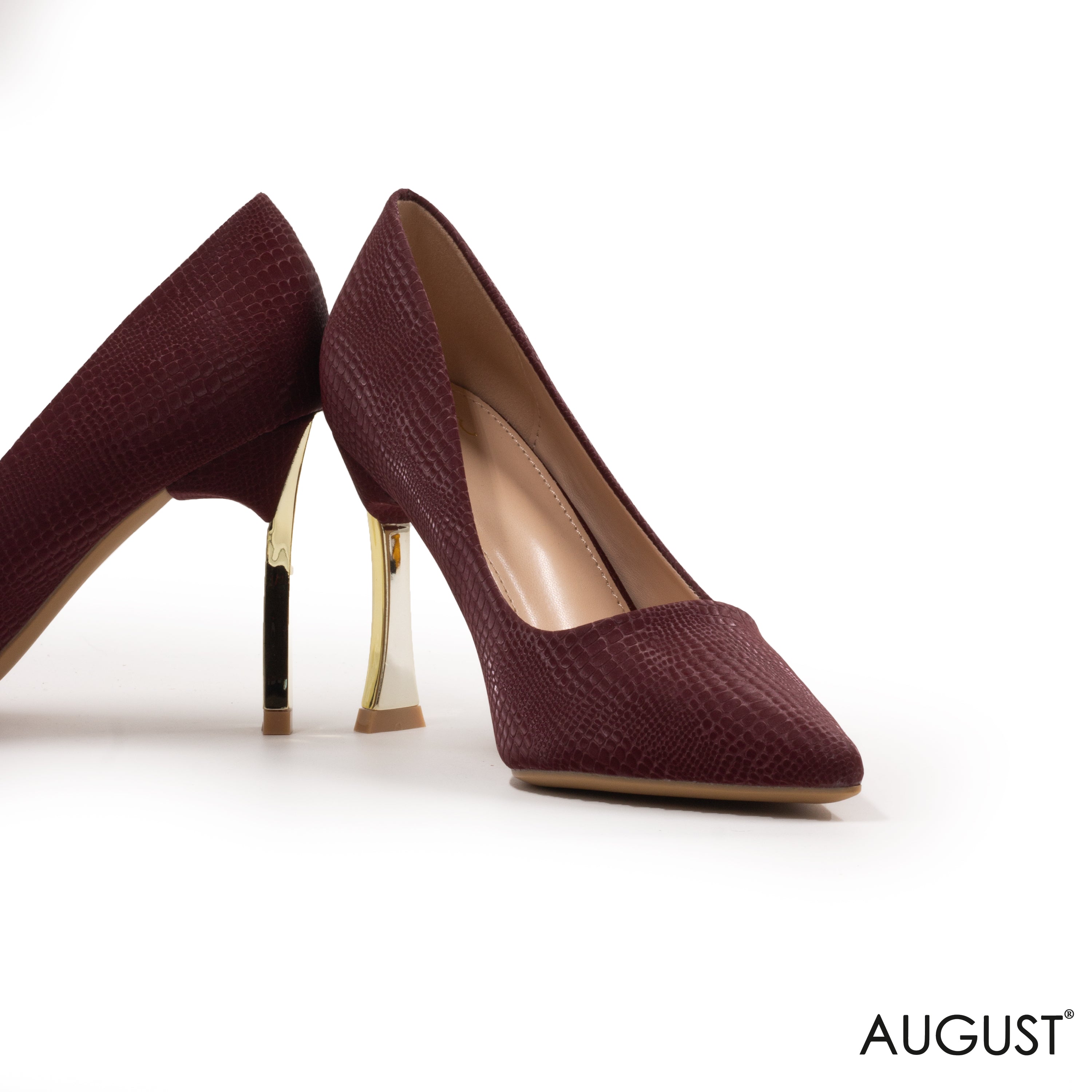 MAROON SNAKESKIN -EFFECT WITH METALLIC HEEL SHOES