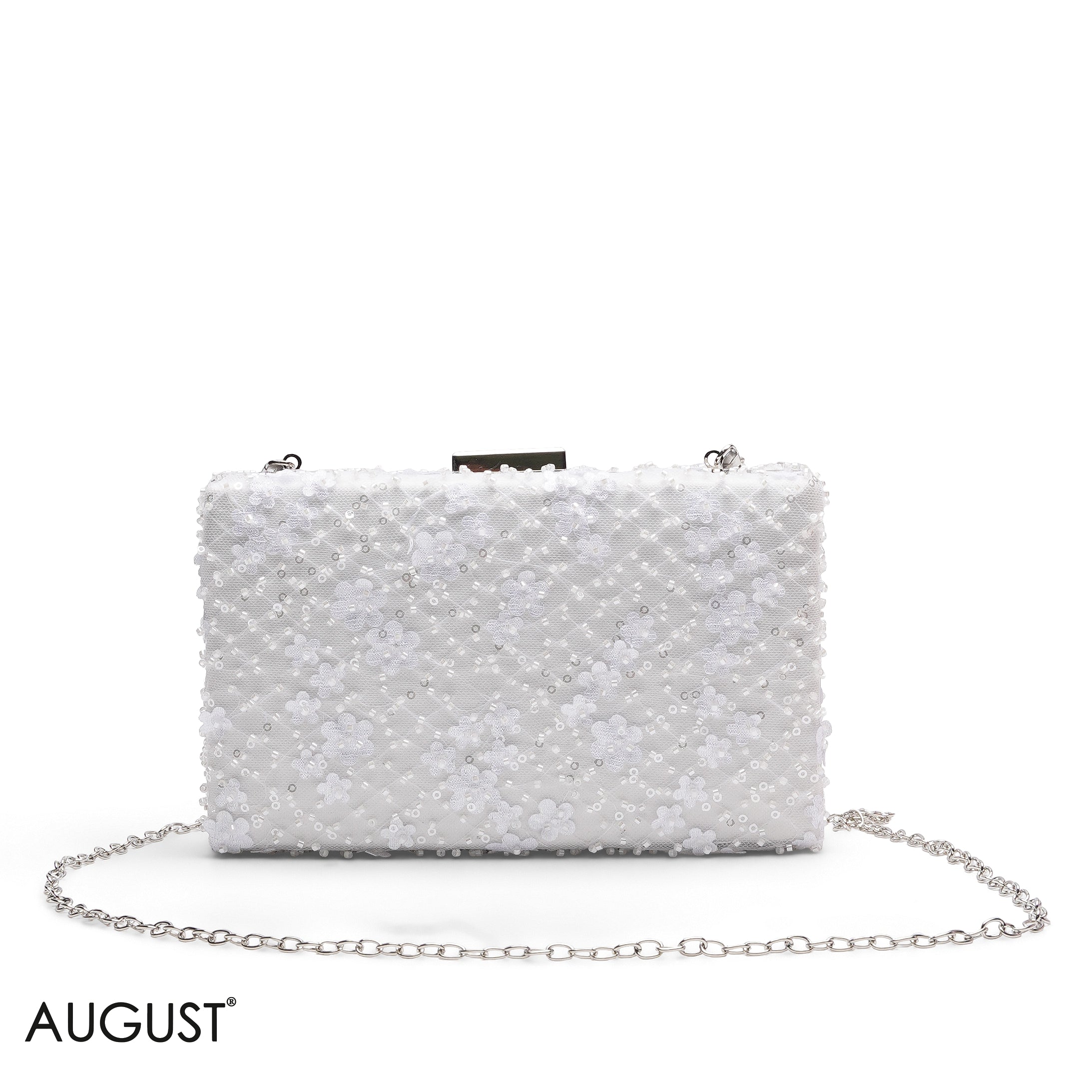 PEARL QUILTED BEADED CLUTCH WITH FLORAL EMBROIDERY