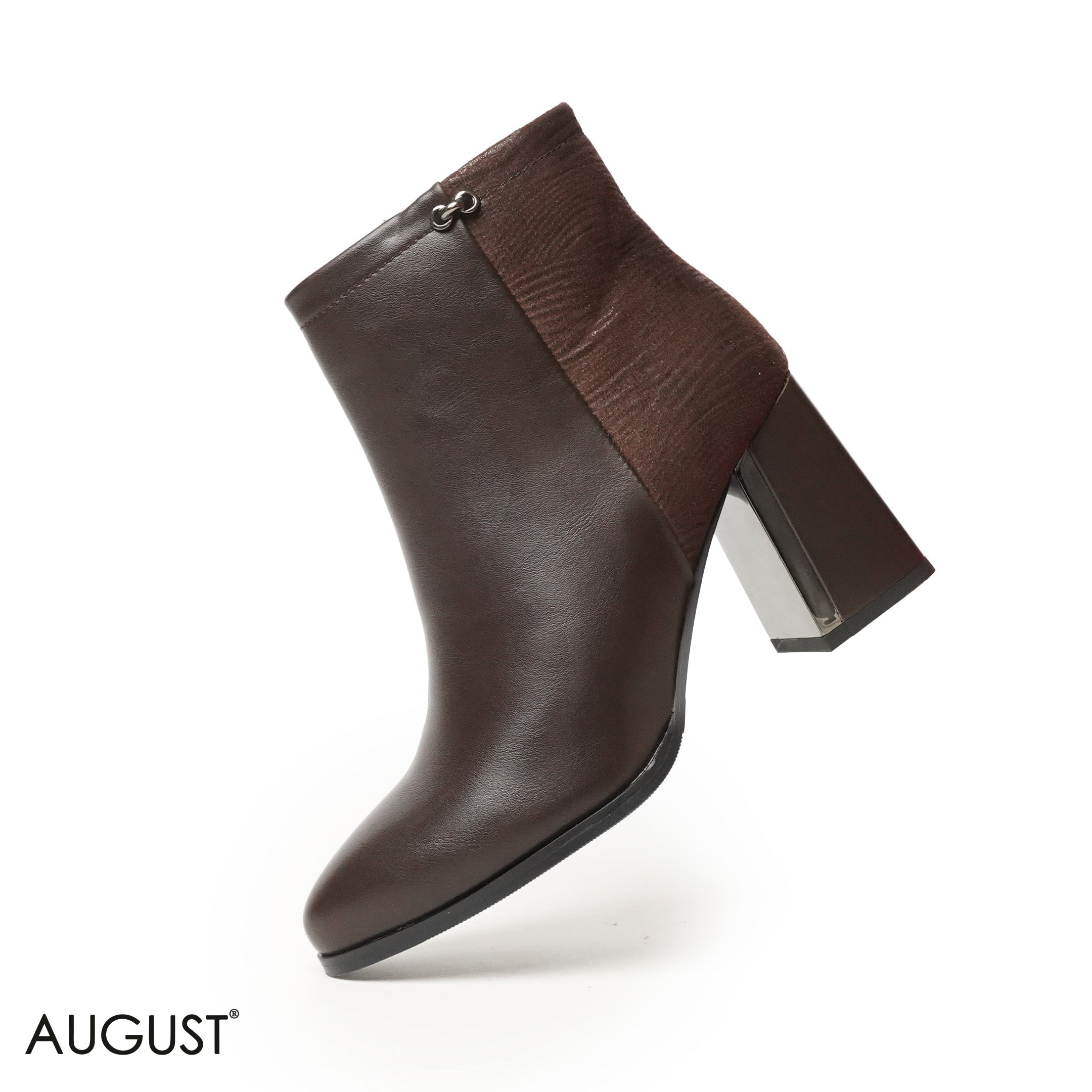 BROWN LEATHER HEELED ANKLE BOOTS WITH SUEDE TOUCH