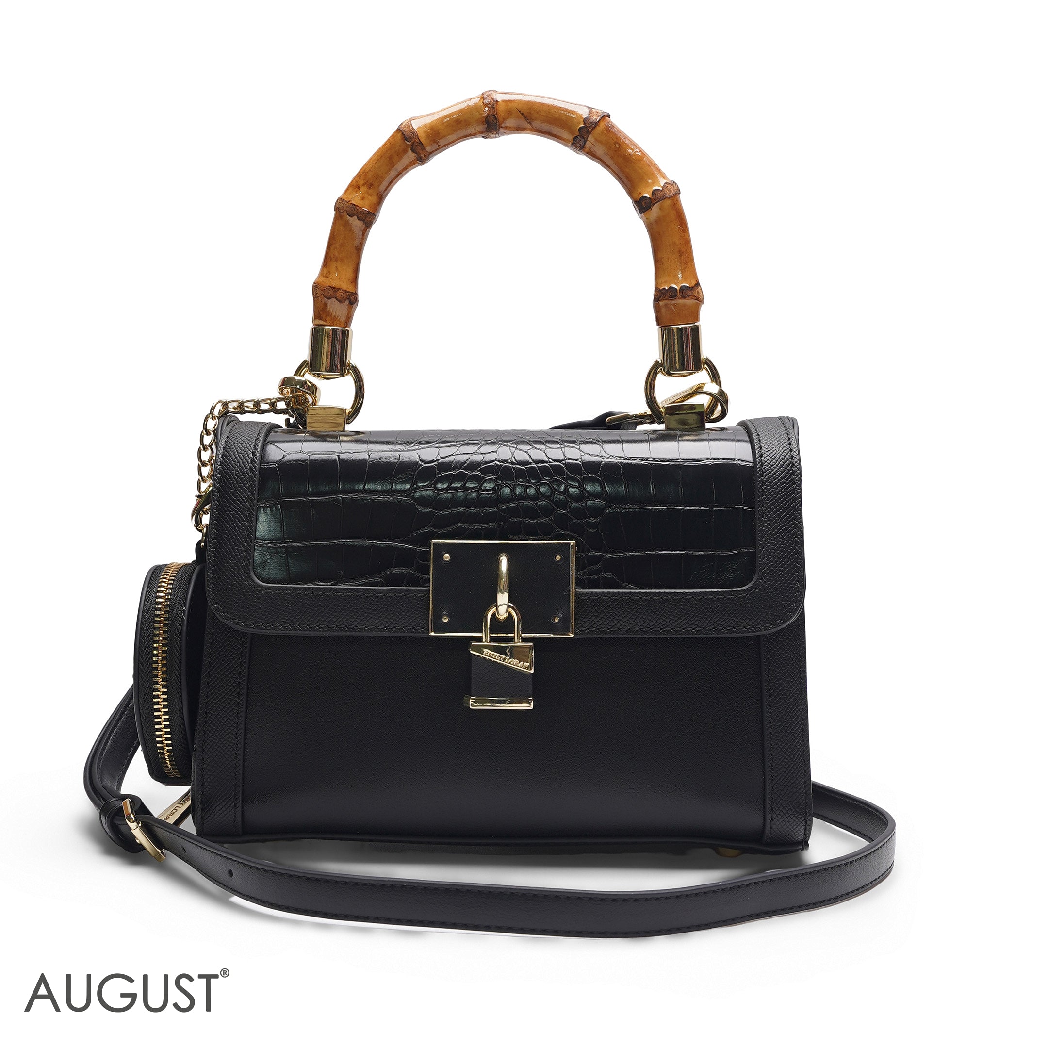 BLACK BAMBOO HANDLE BAG WITH ROUND POUCH