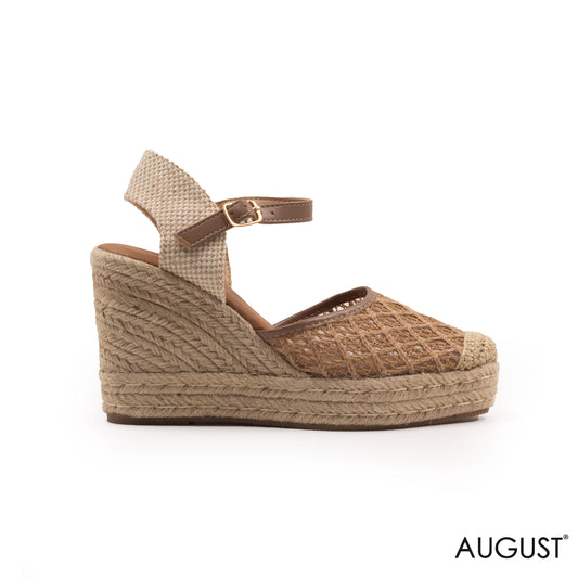 BEIGE LACE DATAIL WEDGE SANDALS WITH BUCKLE