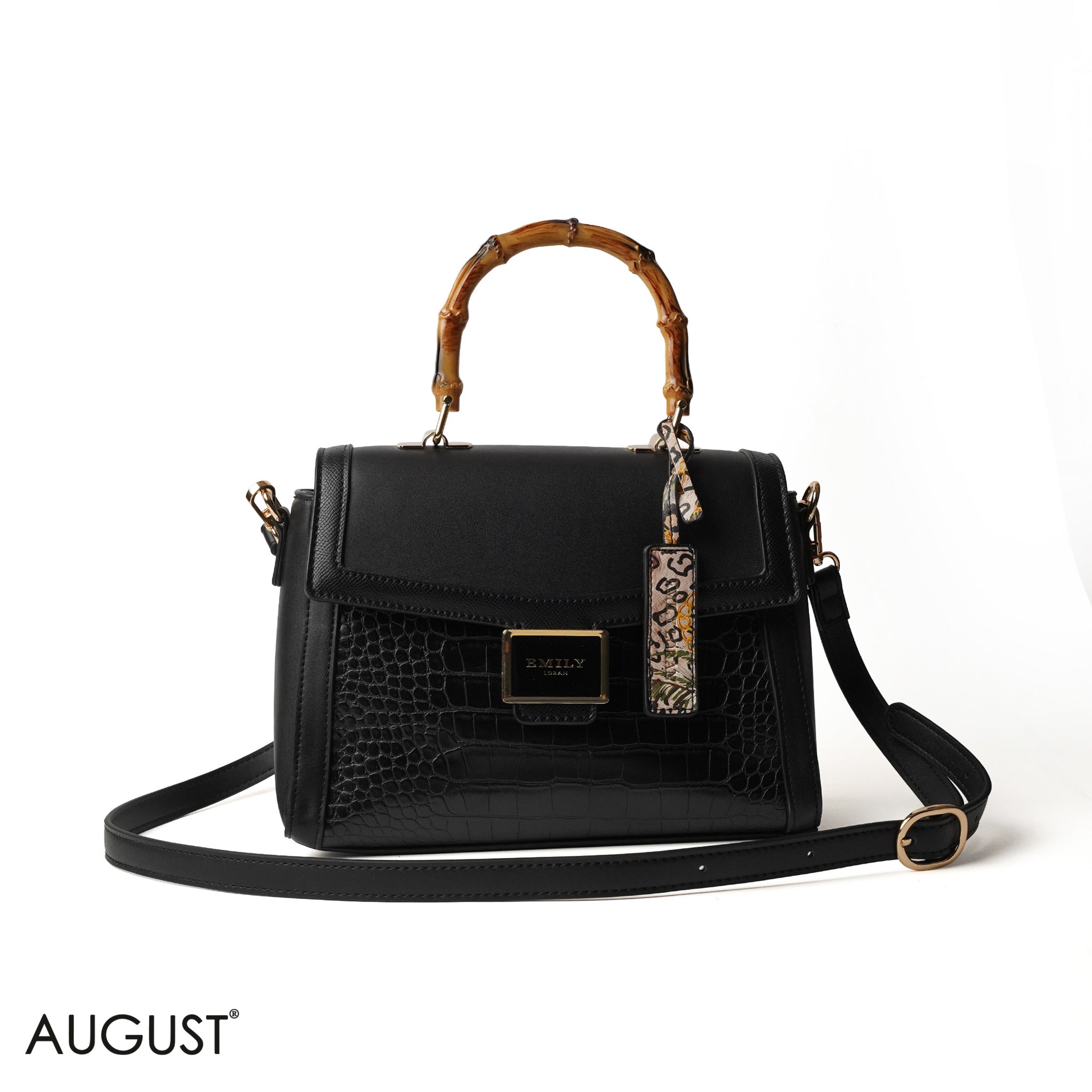 BLACK HAND BAG WITH CROCODILE PRINT - MEDIUM