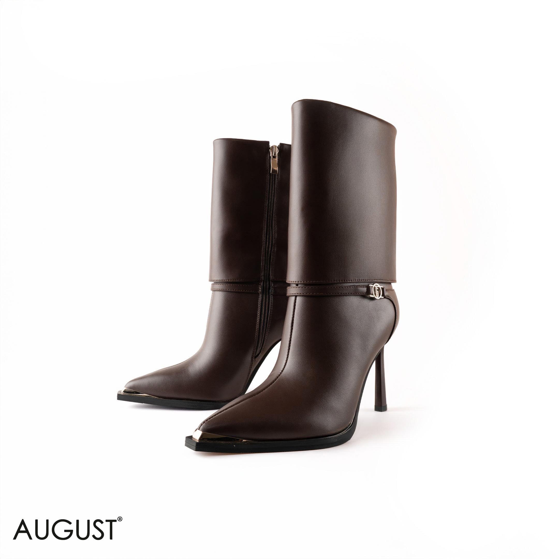 BROWN LEATHER STILETTOS HEELED BOOTS WITH BUCKLE DETAIL